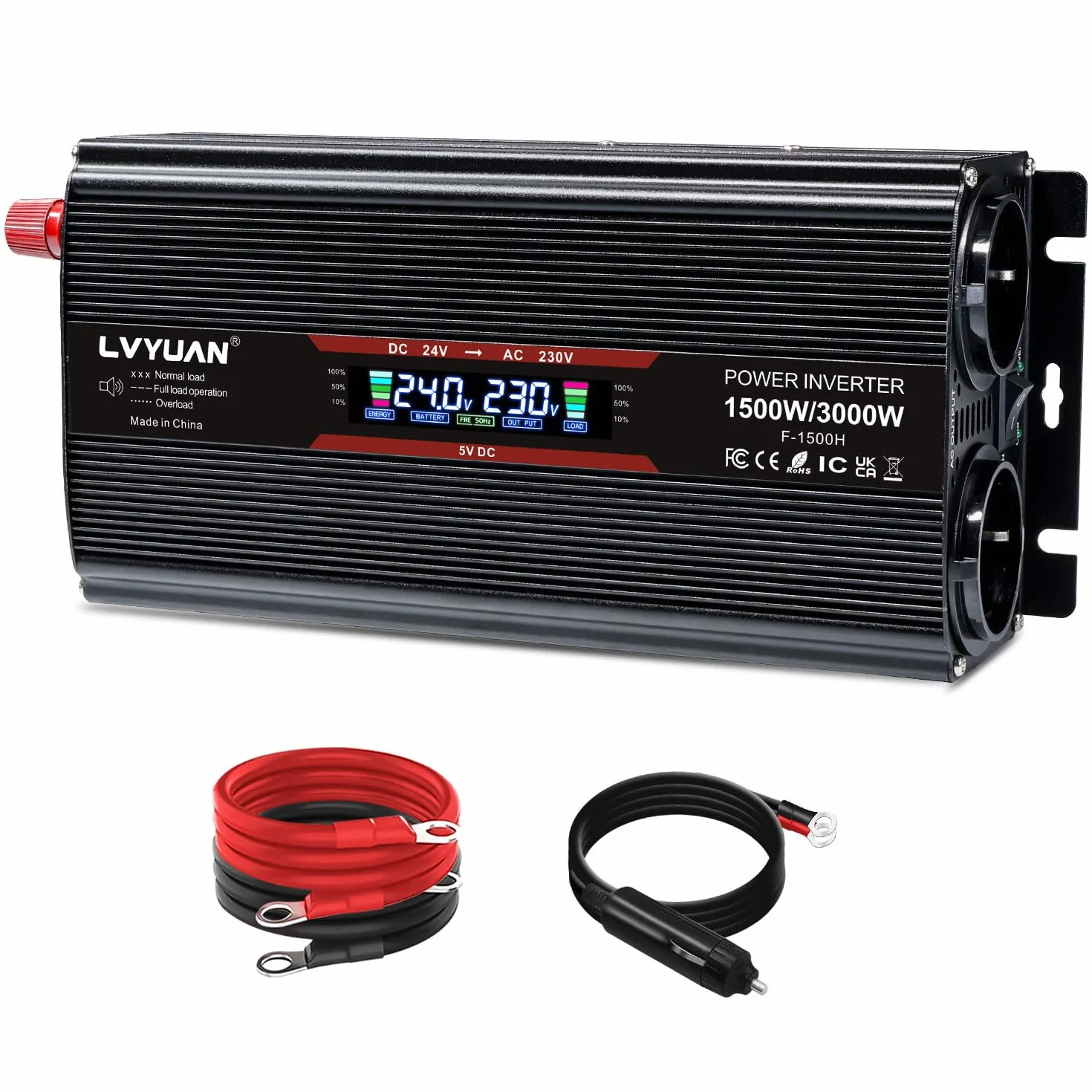 LVYUAN Inversor 24V 220V 230V 1500W/ 3000W Convertidor de Voltaje Transformador Convertidor de Corriente con Pantalla LCD, 2 Tomas EU y Puertos USB de 5V Negro