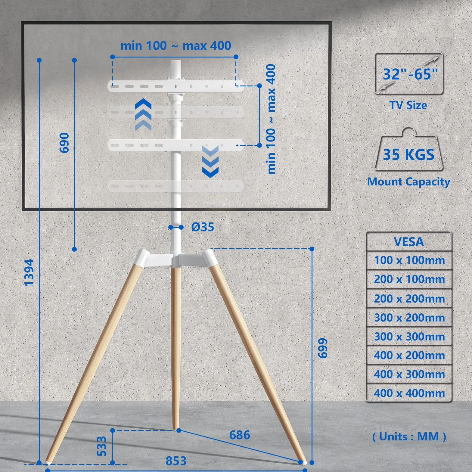 Soporte Television Pie Suelo Trípode - Rfiver Soporte TV Giratorio Madera para 32-65 Pulgadas Televisor - Blanco Alto Altura Ajustable TV Stand con Patas de Madera | MAX Vesa 400 * 400mm 35kg