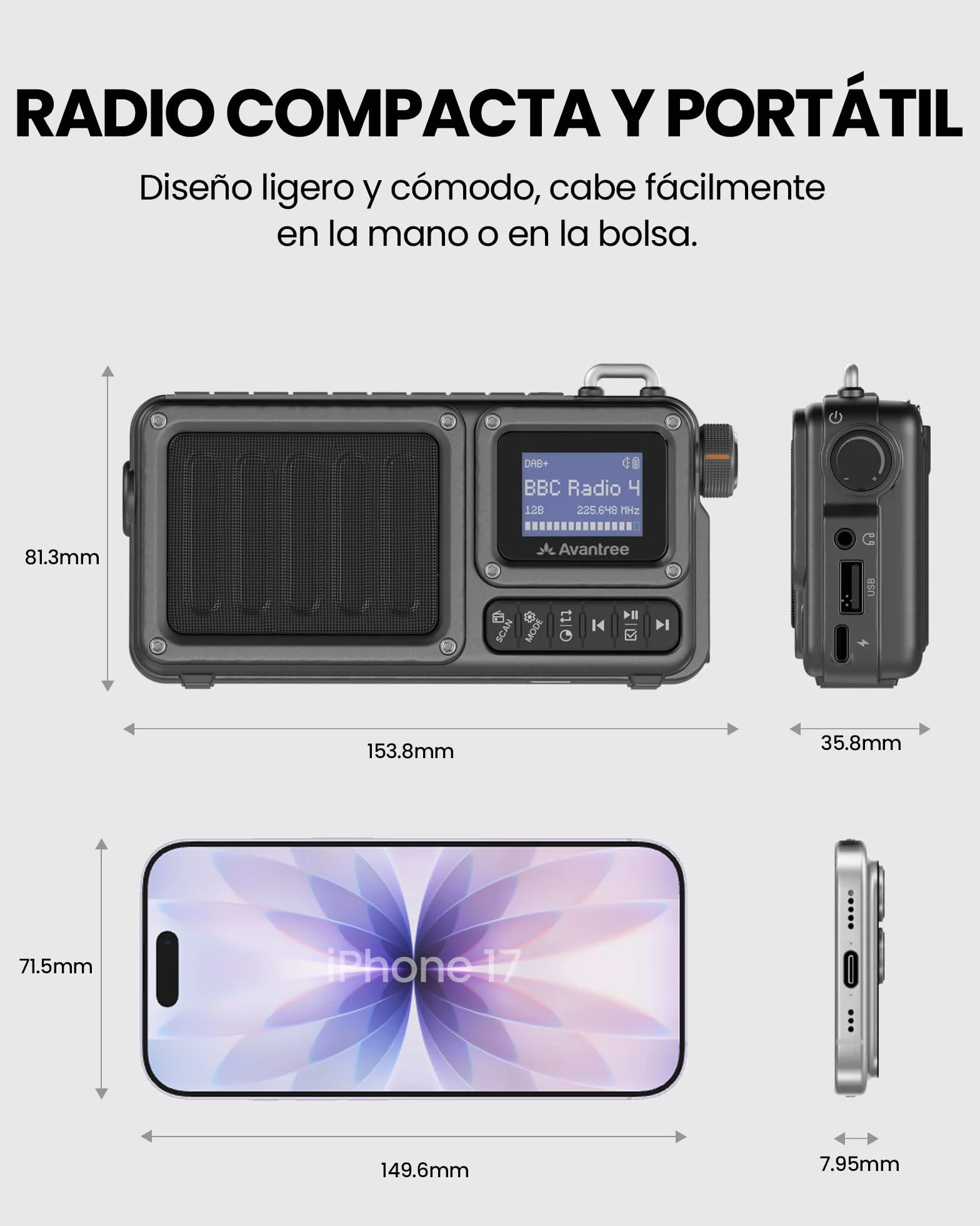 Avantree SP851 – Radio Digital Portátil Dab+/FM con Bluetooth 6.0, Altavoz Recargable, Compatible con TF/USB, Pantalla LCD, Búsqueda Automática & Linterna Casa, Cocina & Exterior