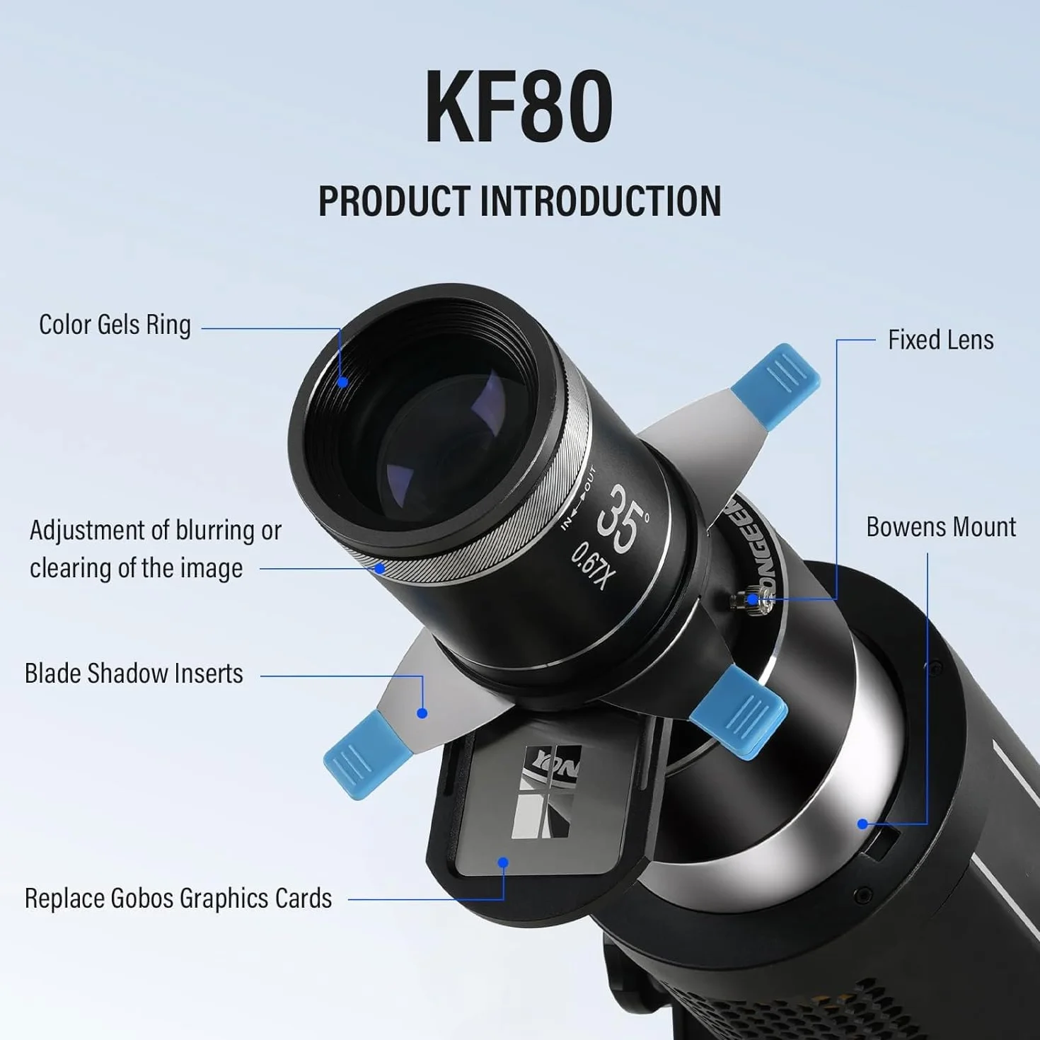 Soonpho KF80 Snoot óptico para Fotografía con Cuerpo de Aluminio con Montura Bowens Ranura para Tarjetas Magnéticas 5 Veces más Brillante con 4 Filtros de Color y 25 Patrones GOBO para Fotografía