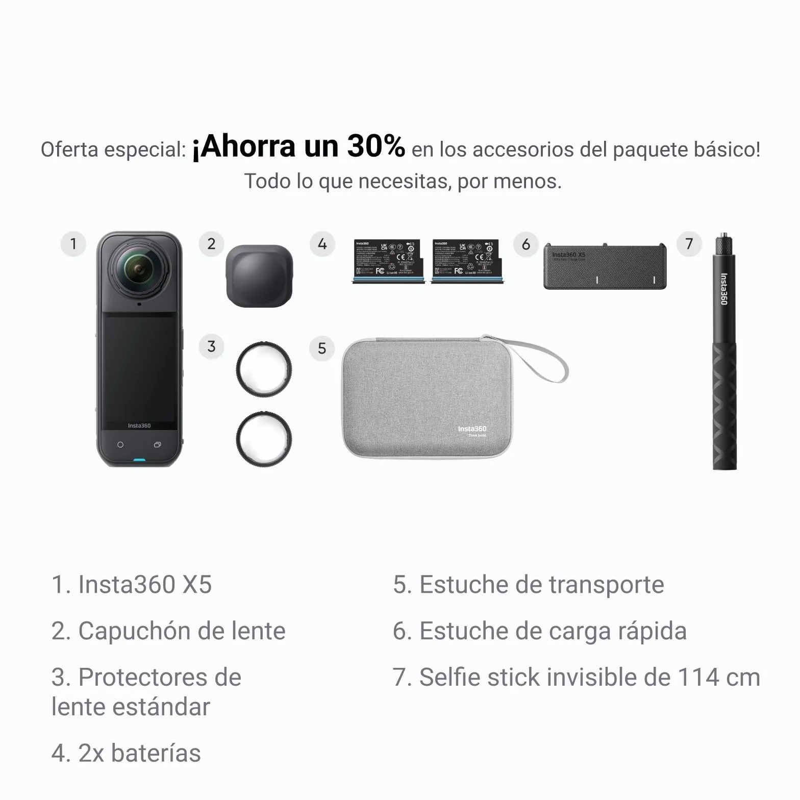 Insta360 X5 Paquete Esencial Cámara 8K 360º Impermeable Lente Dura reemplazable batería 3h antiviento Incorporado estabilización