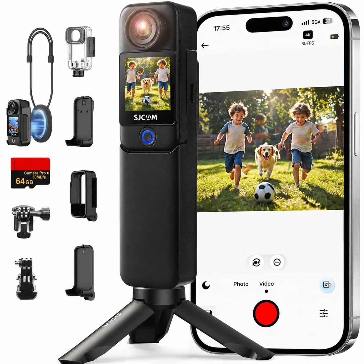SJCAM C300 Vlog Pack 64G Cámara Vlog con Batería 7 Horas Estabilización 6-Ejes Doble Pantalla Táctil 154° Gran Angular Impermeable Negra