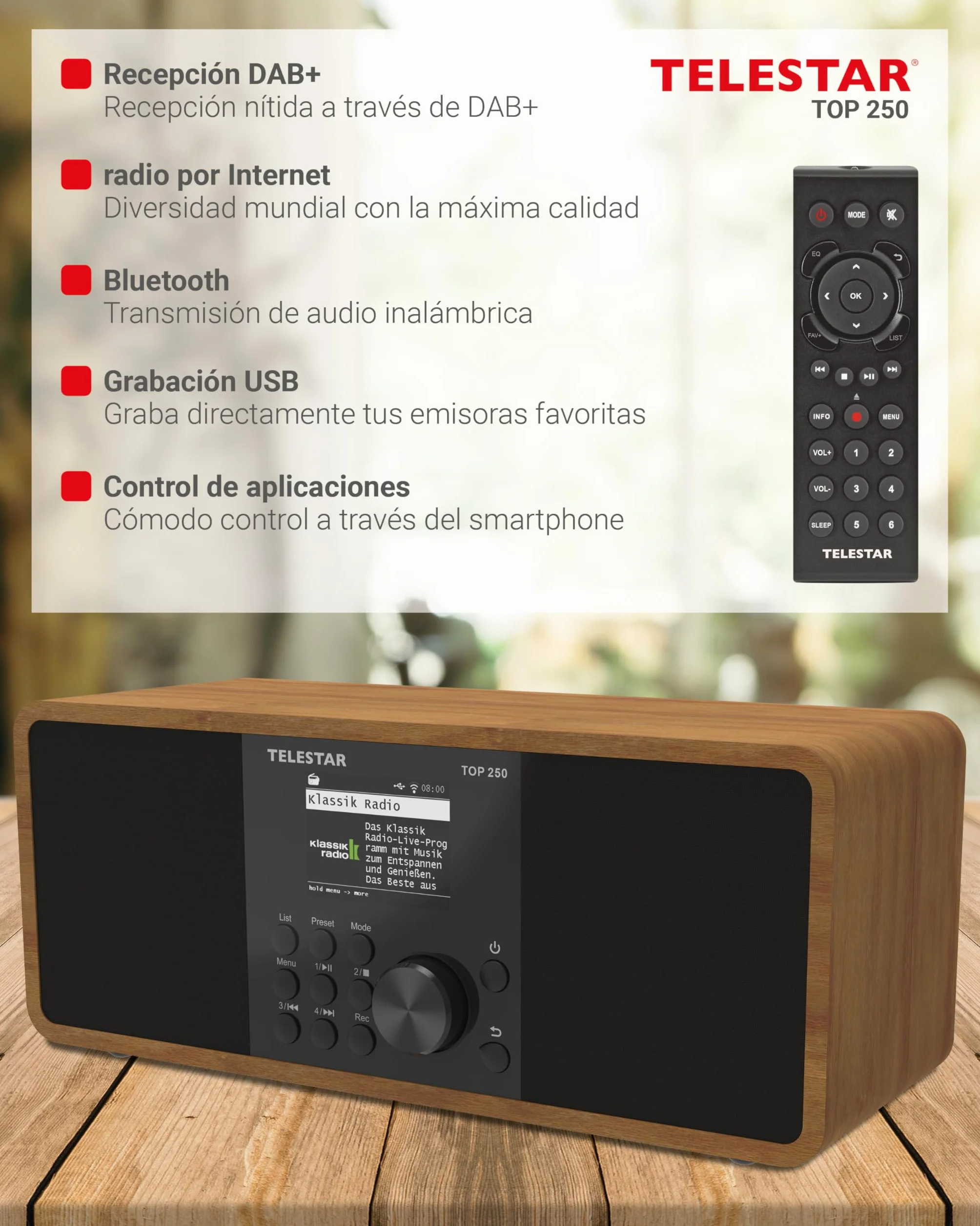 TELESTAR Top 250 – Dab+/Radio por Internet (estéreo, 2 × 10 W, Bluetooth Audio-Streaming & función de envío, grabación USB, Sistema de Emergencia, Control por App) – Madera