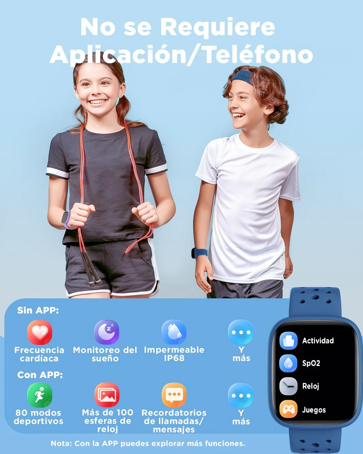 BIGGERFIVE Pulsera Actividad Niños Niñas 5-16, 1,8" Reloj Inteligente Podómetro, Frecuencia Cardíaca, Monitor de Sueño, Resistente al Agua IP68, Despertador, Juegos de Rompecabezas con/sin App, Azul