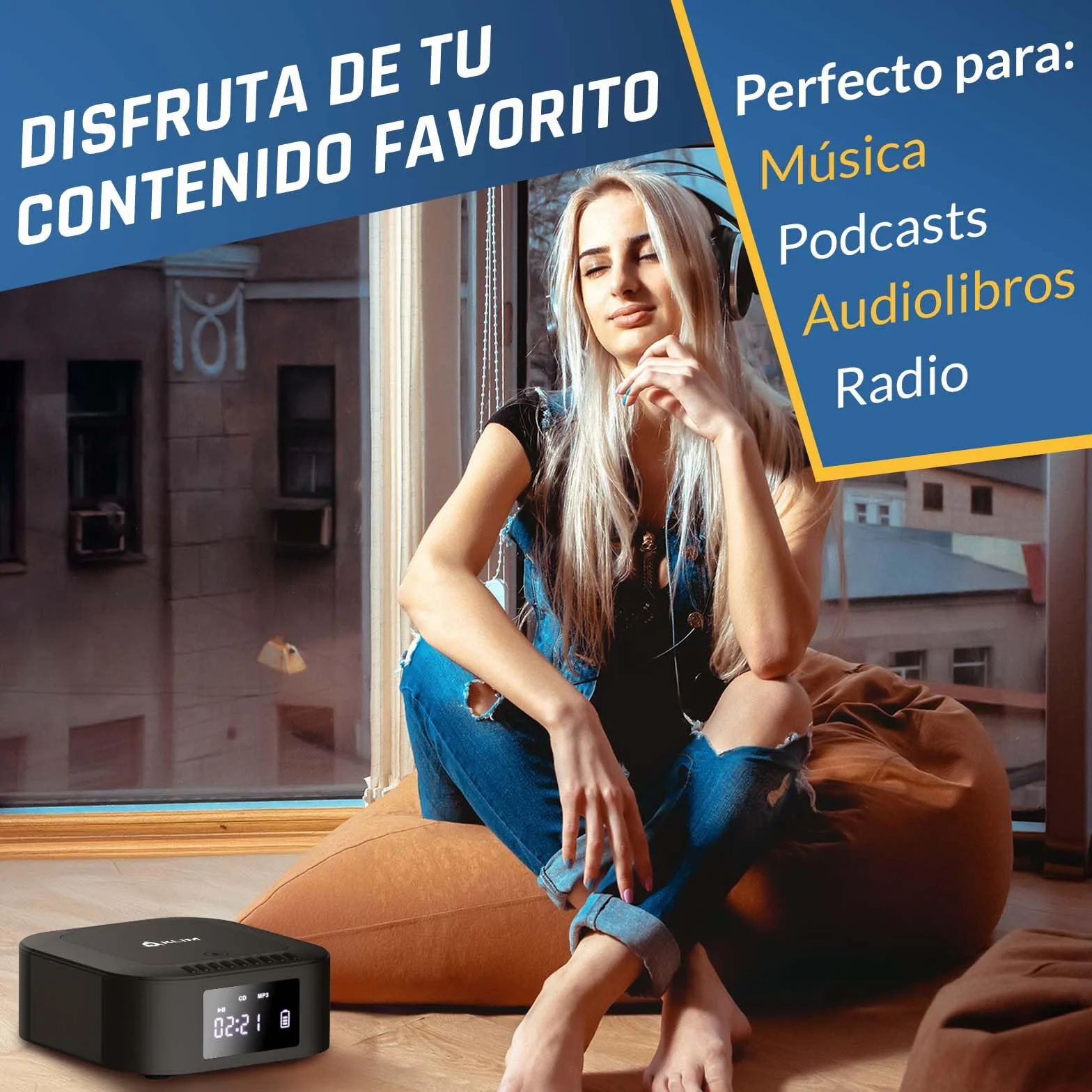 KLIM Boombox E1 Reproductor de CD portátil Bass Boost Subwoofer Radio FM Bluetooth MP3 AUX USB Negro Plata