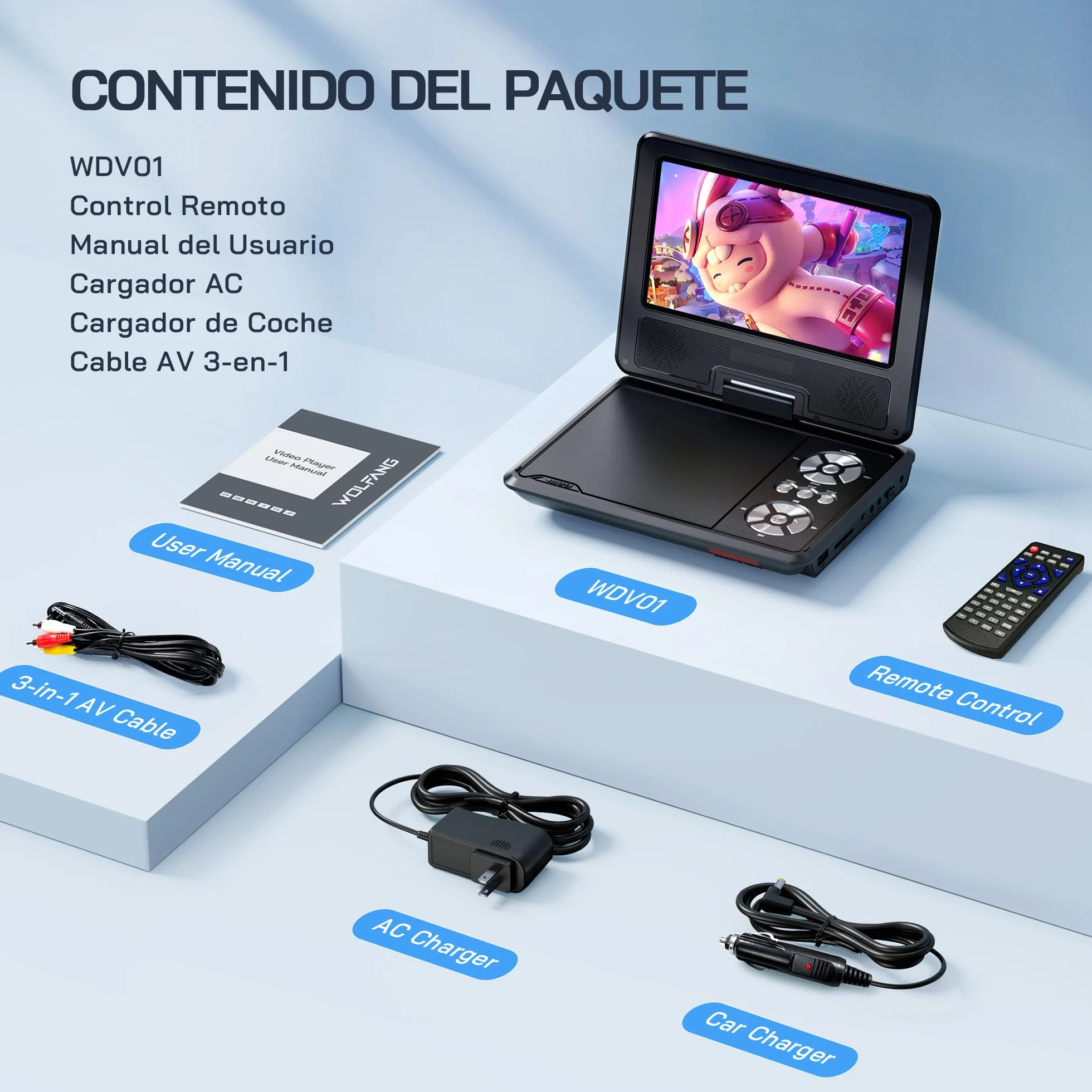 WOLFANG Reproductor de DVD Portátil 9,5 Pulgadas para Coche Pantalla HD Giratoria 7,5 Pulgadas Altavoces Estéreo 6h Autonomía