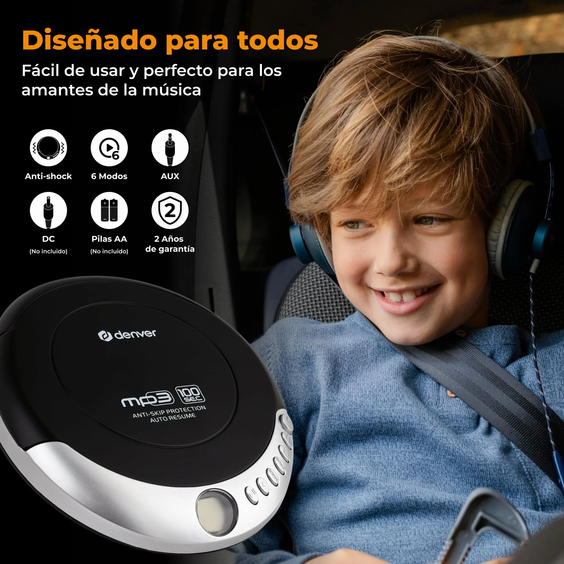 Denver DMP-391 Reproductor de CD/MP3 portátil antishock 40/100 s Auto Resume Bass Boost Pantalla LCD