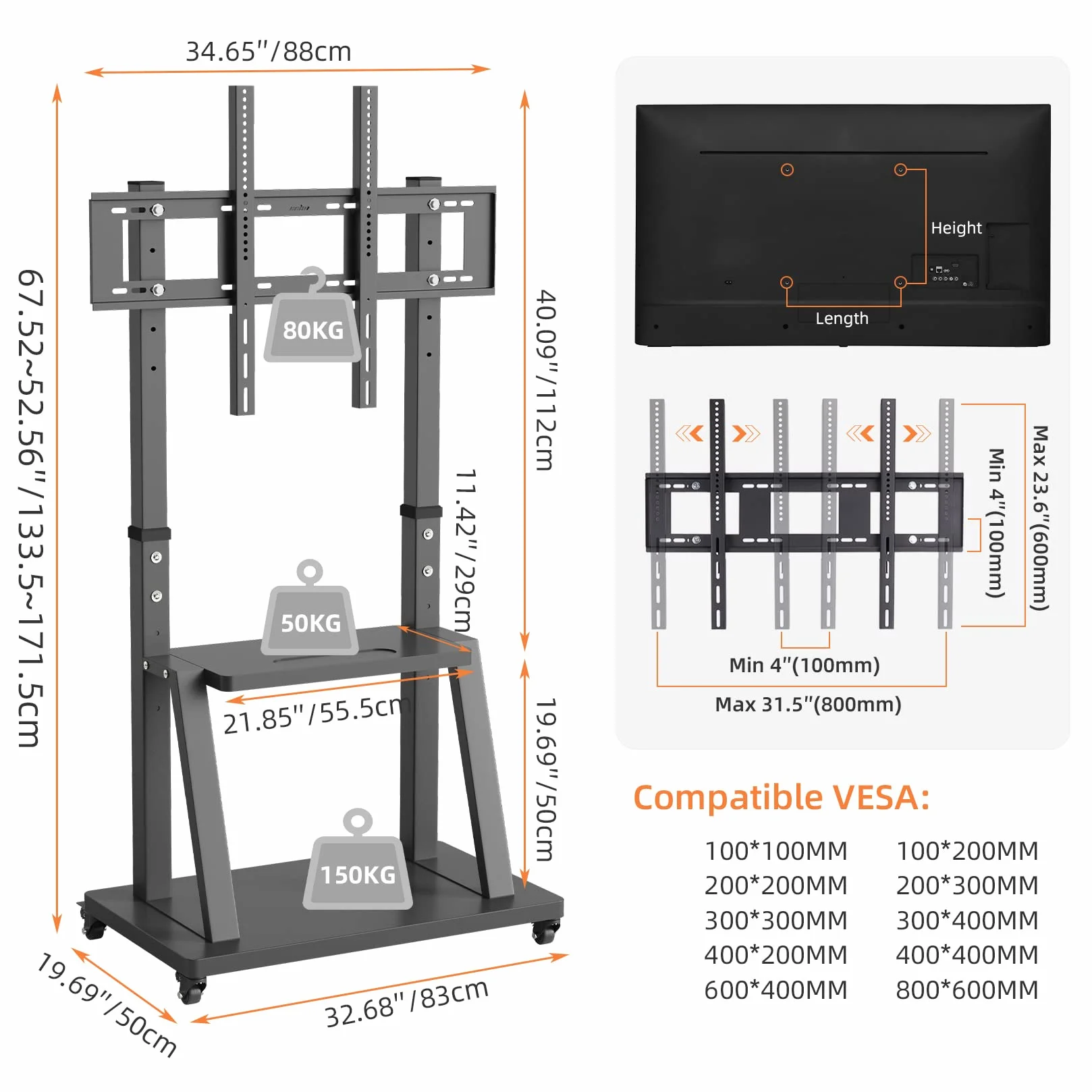 UNHO Soporte TV con Ruedas para 32-100 Pulgadas, Soporte TV Suelo Pie para Pantalla LED LCD Carrito TV Grande Comercial Móvil con 2 Estantes de Altura Ajustable Carga Máx 80kg VESA 800x600 (L)