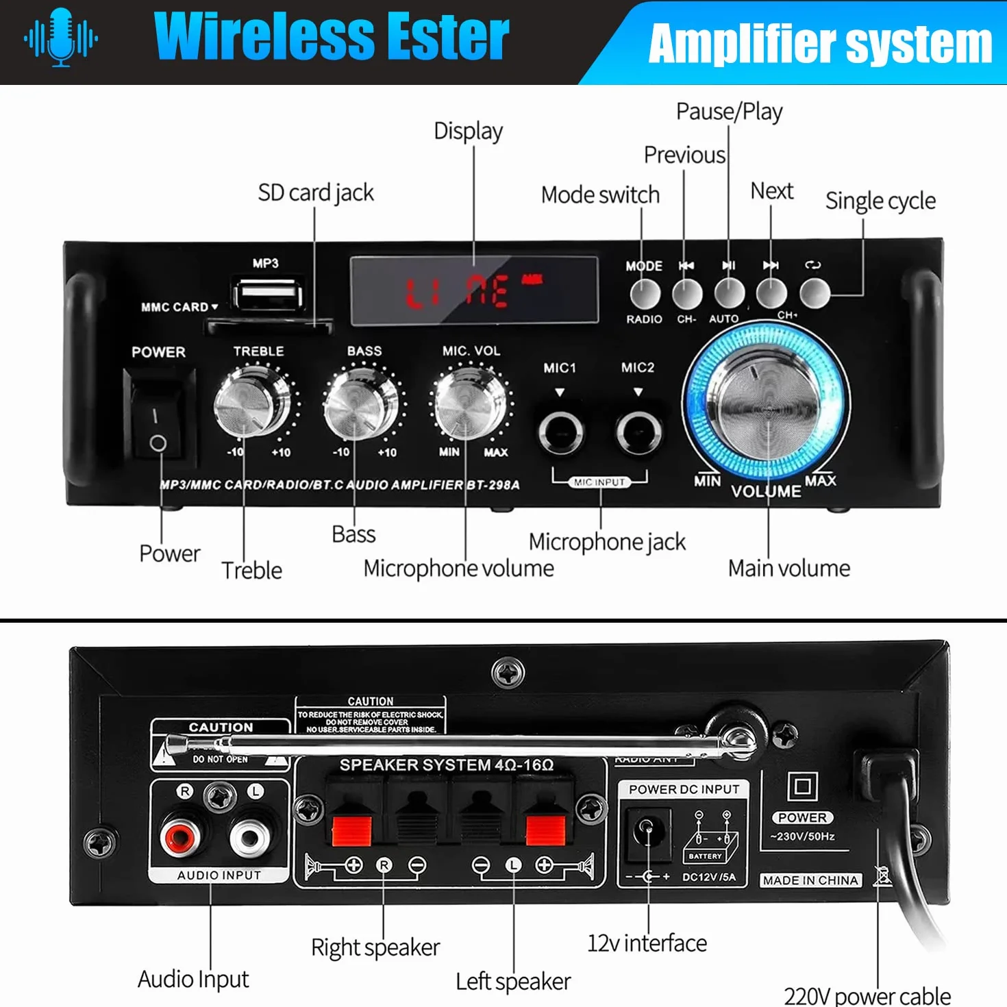 Amplificador Audio HiFi 600W con Bluetooth 5.0, 12V 220V 2 Canales, Pantalla LCD, Alta Fidelidad, Radio FM Portátil, SD Card/USB Input, para Hogar o Coche