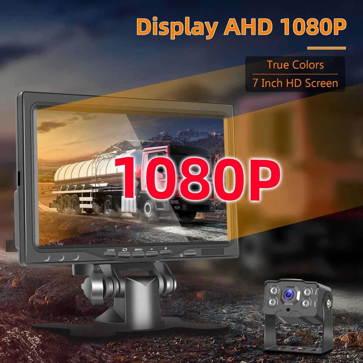 Hodozzy Cámara de Marcha Atrás con Monitor IPS de 7" y Cámara AHD, Impermeable IP68, Camara de Visión Trasera con Visión Nocturna Infrarrojos, 15 m Cable 4 Pines para Camión/Remolque/Bus(9-36 V)