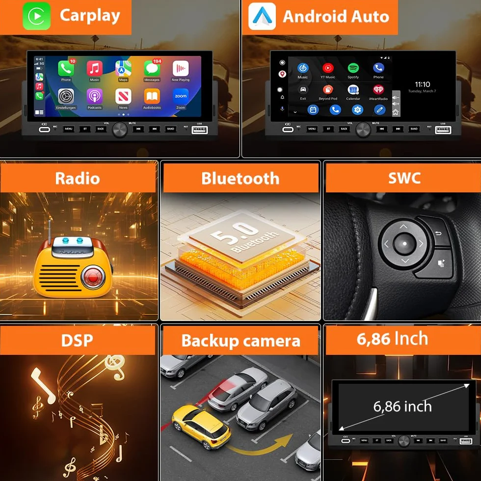AWESAFE 6.86 Pulgadas 1 DIN Radio Coche Universal con Pantalla Táctil, con CarPlay/AndroidAuto/Admite Carga Type-C/USB/Micrófono/FM/EQ/WiFi/GPS/Bluetooth/USB/SWC y Cámara Trasera