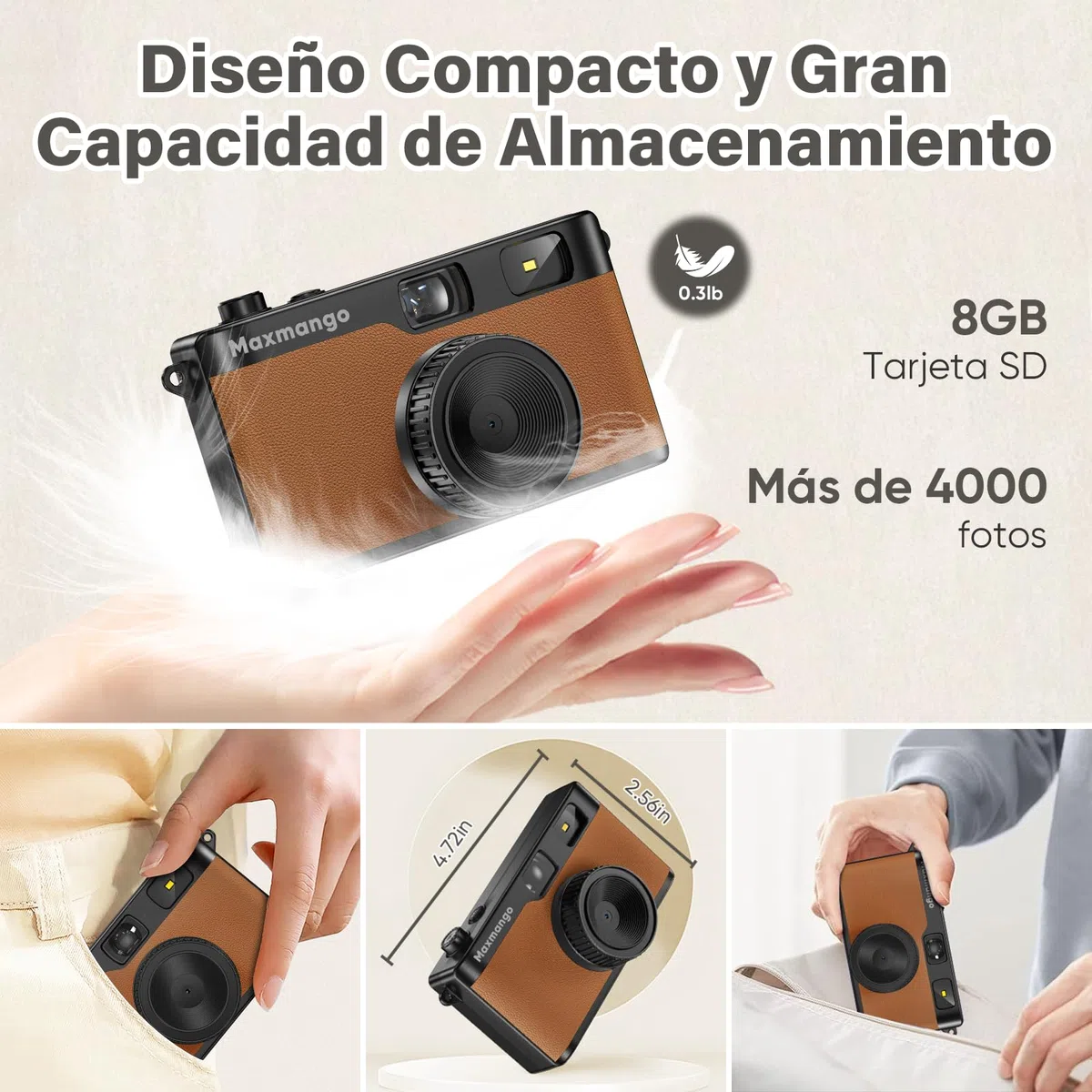 Maxmango D53 Cámara Digital de Estilo Retro sin Pantalla, 12 MP Filtros DIY, Cámara Digital compacta sin Pantalla con Tarjeta SD de 8 GB para 4000 Fotos (Marrón)