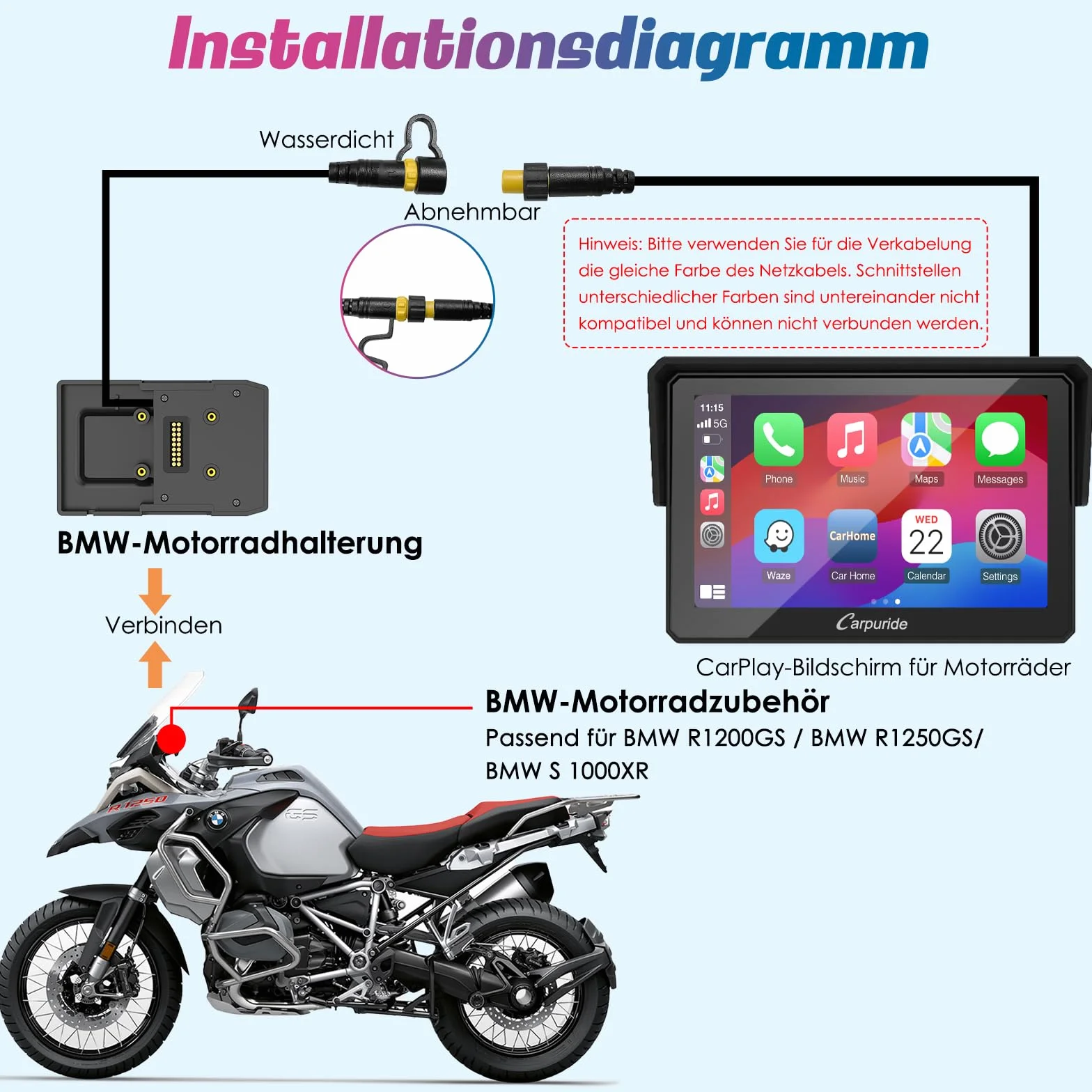 Carpuride W502B Pantalla Carplay BMW Motocicleta R1200GS R1250GS S1000XR, 5 Pulgadas Táctil Impermeable, Navegación GPS Portátil Carplay/Android Moto Bluetooth Dual