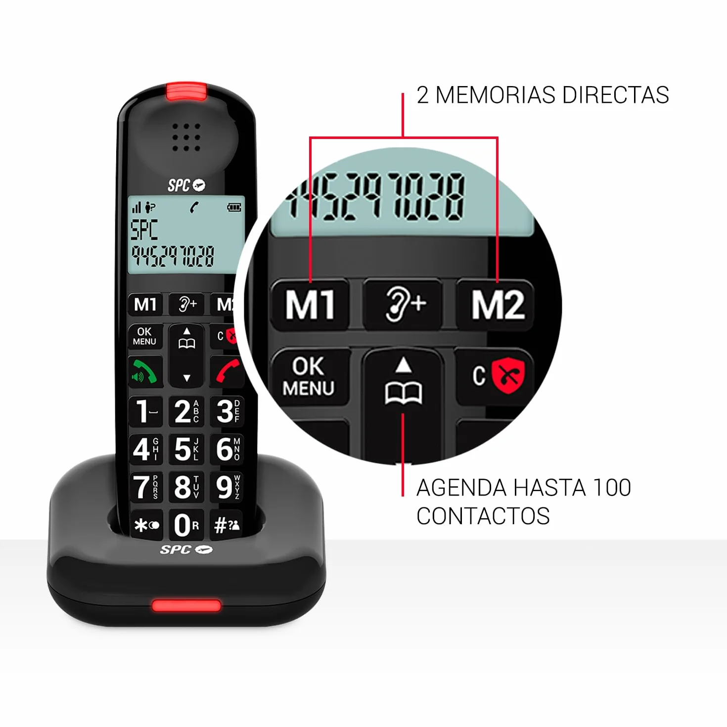 SPC Comfort Kairo - Teléfono inalámbrico para Personas Mayores con Teclas Grandes, Sonido extramplificado, Compatible audífonos, función Bloqueo Llamada, señal Luminosa y 2 memorias directas – Negro