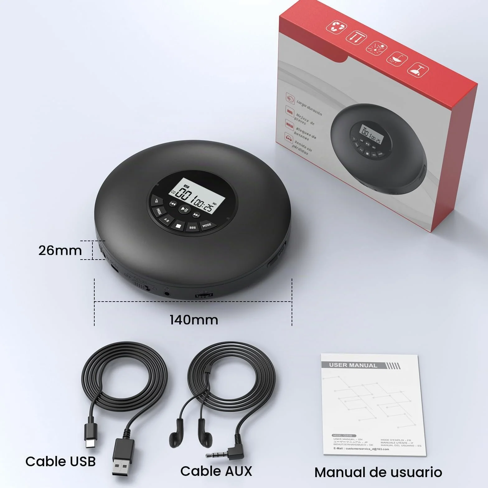 Reproductor de CD portátil Arafuna Discman Compatible con CDs CD-R CD-RW Antichoque