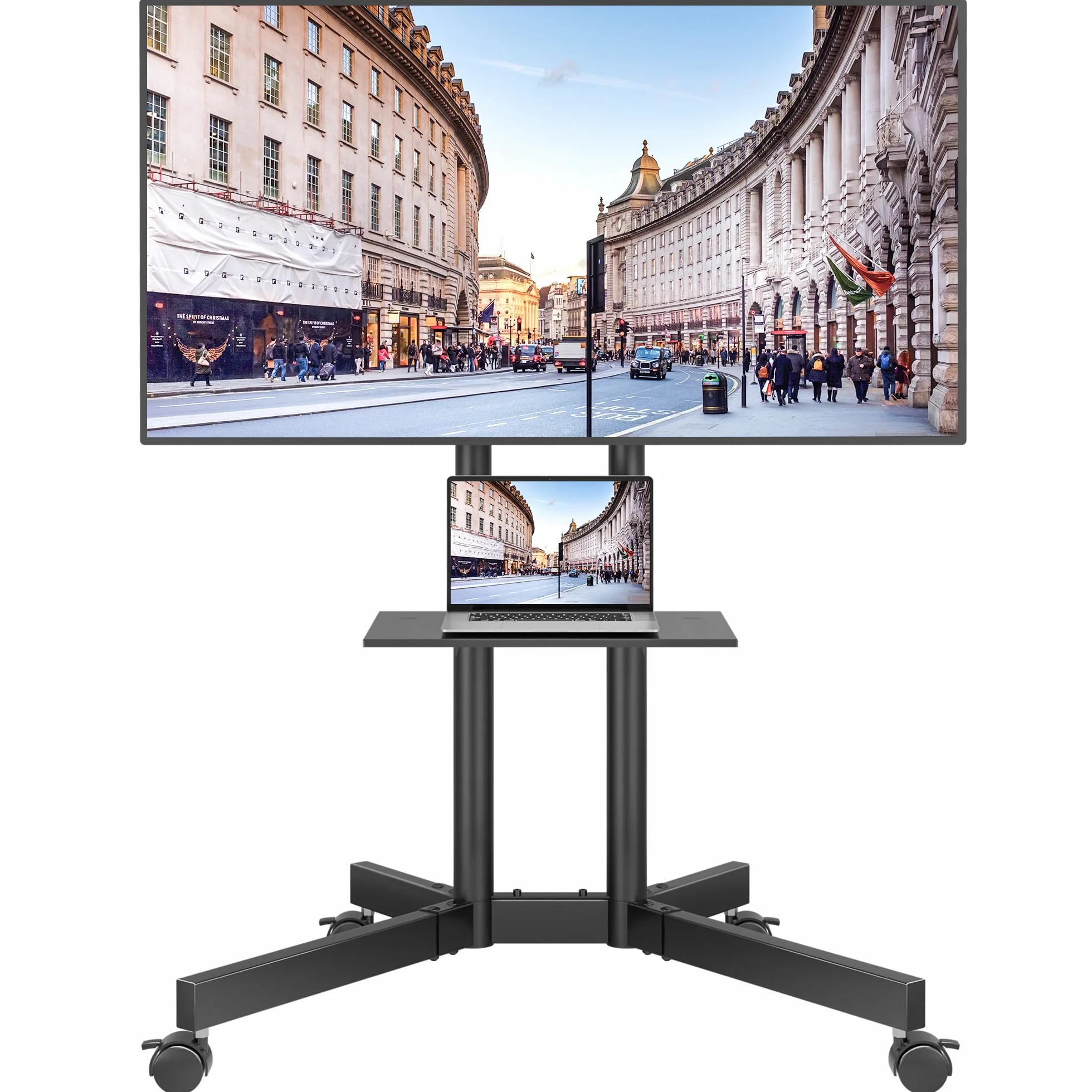 BONTEC Soporte TV Ruedas, Soporte TV Pie para 32-85 Pulgadas para TV de Planos/Curvos, hasta 55 kg, Altura Ajustable con Bandeja Multimedia, Inclinacion ±15°, Gestion de Cables, Máx. VESA 600x400 mm