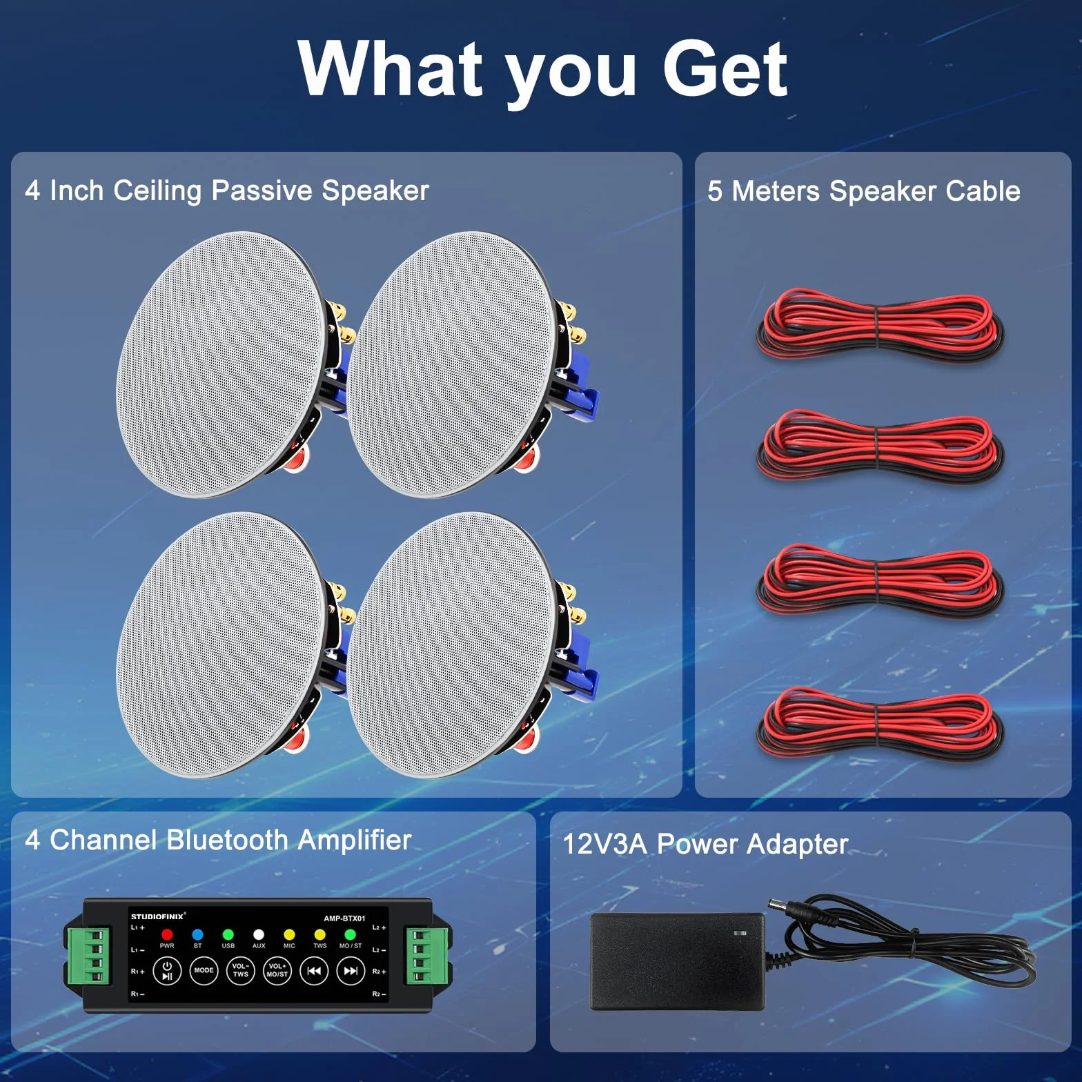 STUDIOFINIX Altavoces de techo Bluetooth 10 cm 320 W 2 vías 4 unidades empotrados