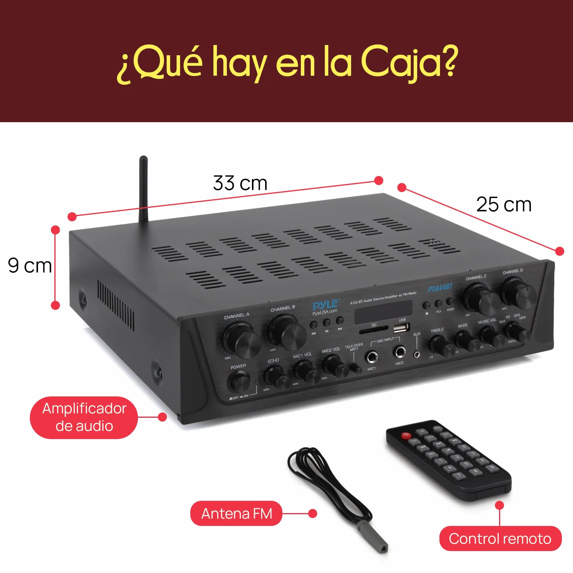 Pyle Amplificador de Audio, Inalambrico, Bluetooth, Estereo, 4 Canales, Entrada de microfono, AUX, Salida del Altavoz del subwoofer RCA, USB, Potencia Maxima de 500W a 4-8 ohmios
