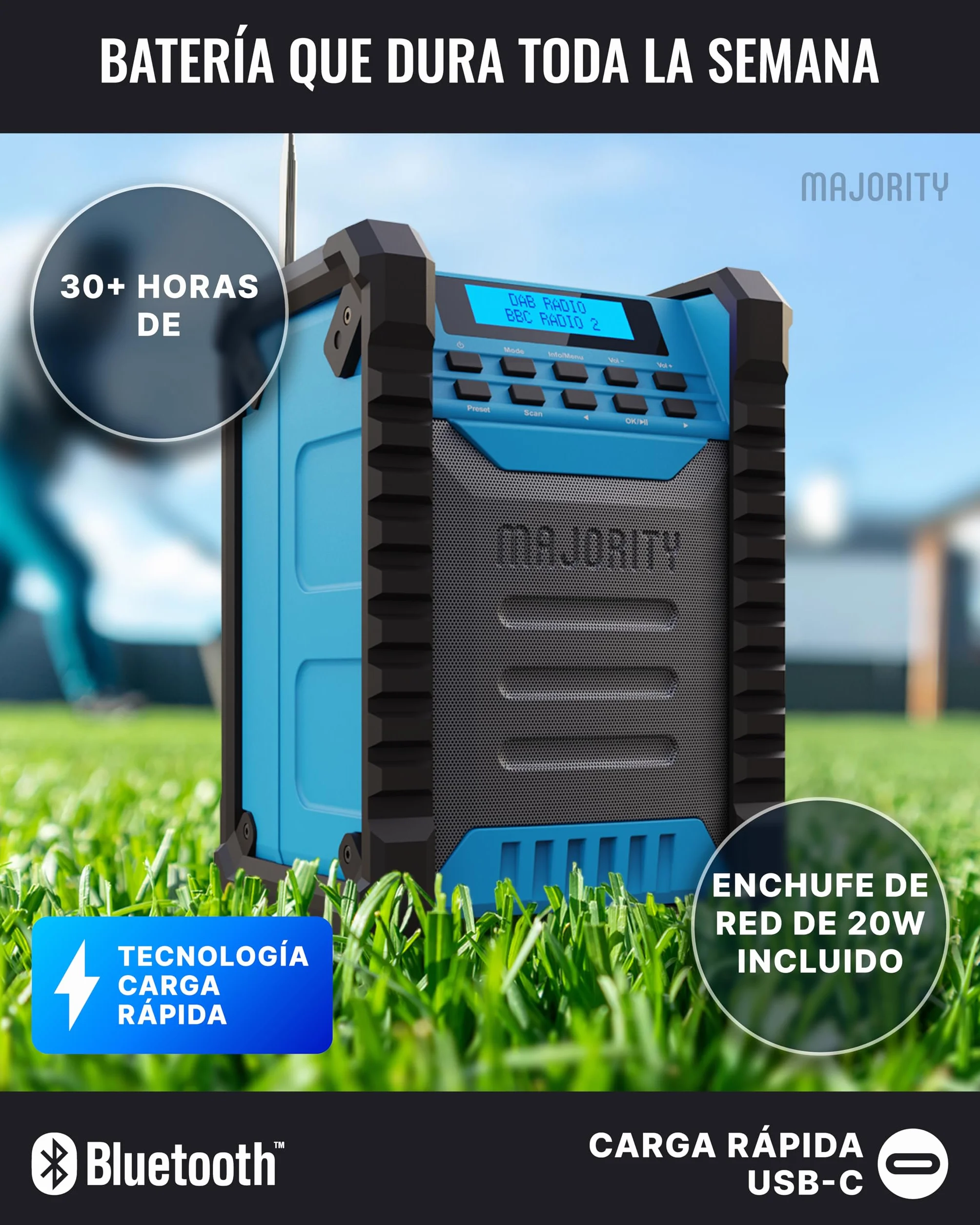 MAJORITY Landbeach Radio de Obra Portátil | Batería de 10.000 mAh Dab+ & FM Digital Radio con Bluetooth | Clasificación de Protección IP54 contra Polvo y Agua | 40 Presets and 6 EQ