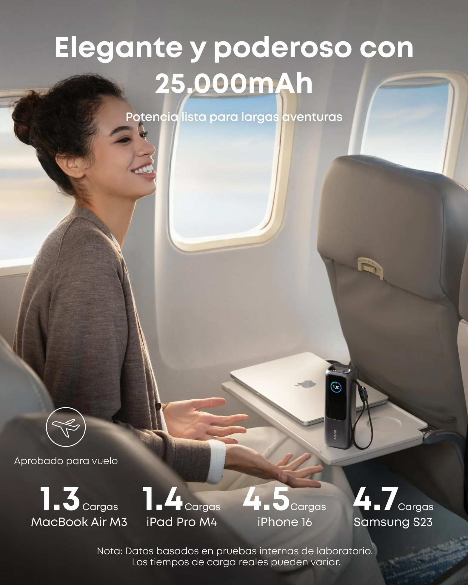 Anker Zolo Power Bank Cargador portátil de 25000mAh y 165W, Tres Puertos USB-C de 100W MAX, Apto para Avión, Cables Integrados y retráctiles, para iPhone 17/16/15, MacBook y más