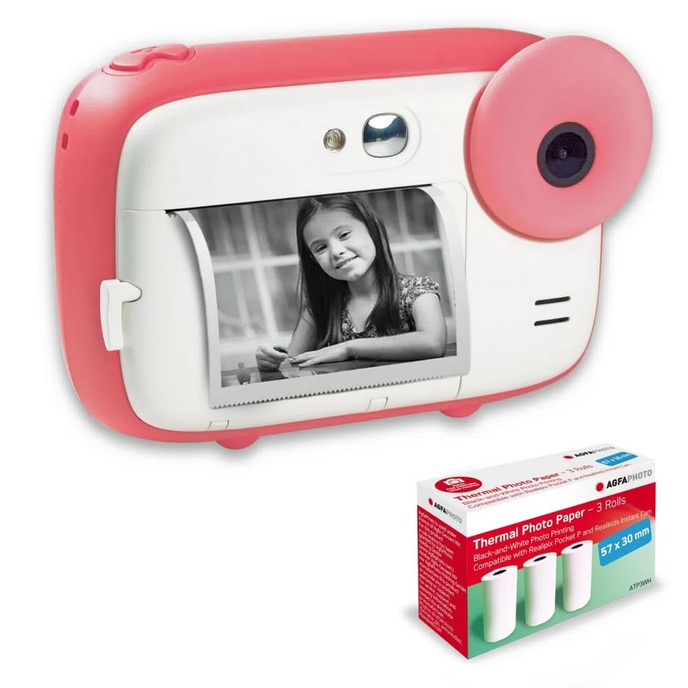 AGFA Photo Pack Realikids Instant CAM + 3 Rollos de Papel térmico ATP3WH adicionales, cámara instantánea Infantil, Pantalla LCD de 2,4 Pulgadas, batería de Litio, Espejo Selfie y Filtro de Fotos Rosa