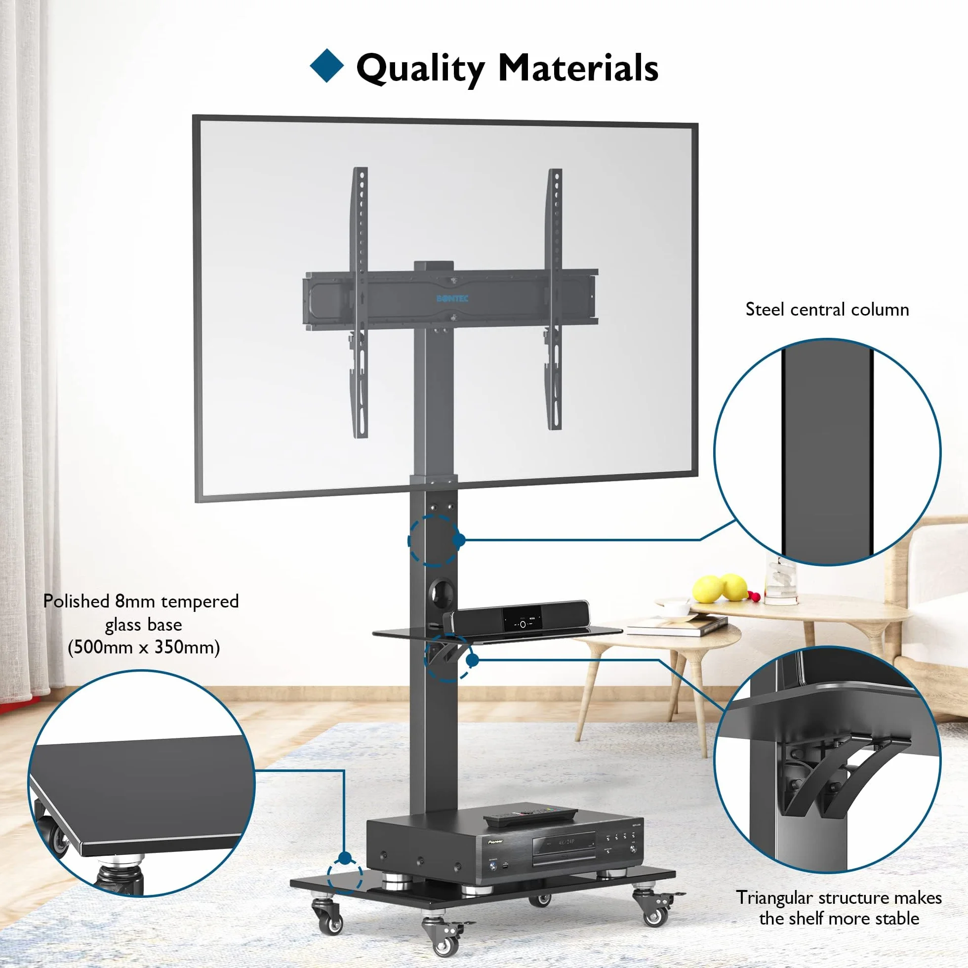 BONTEC Soporte TV Ruedas 30-70 Pulgadas Plasma LCD LED, Altura Ajustable 6 Niveles, 2 Vidrio Templado, 40 kg, VESA 600x400 mm