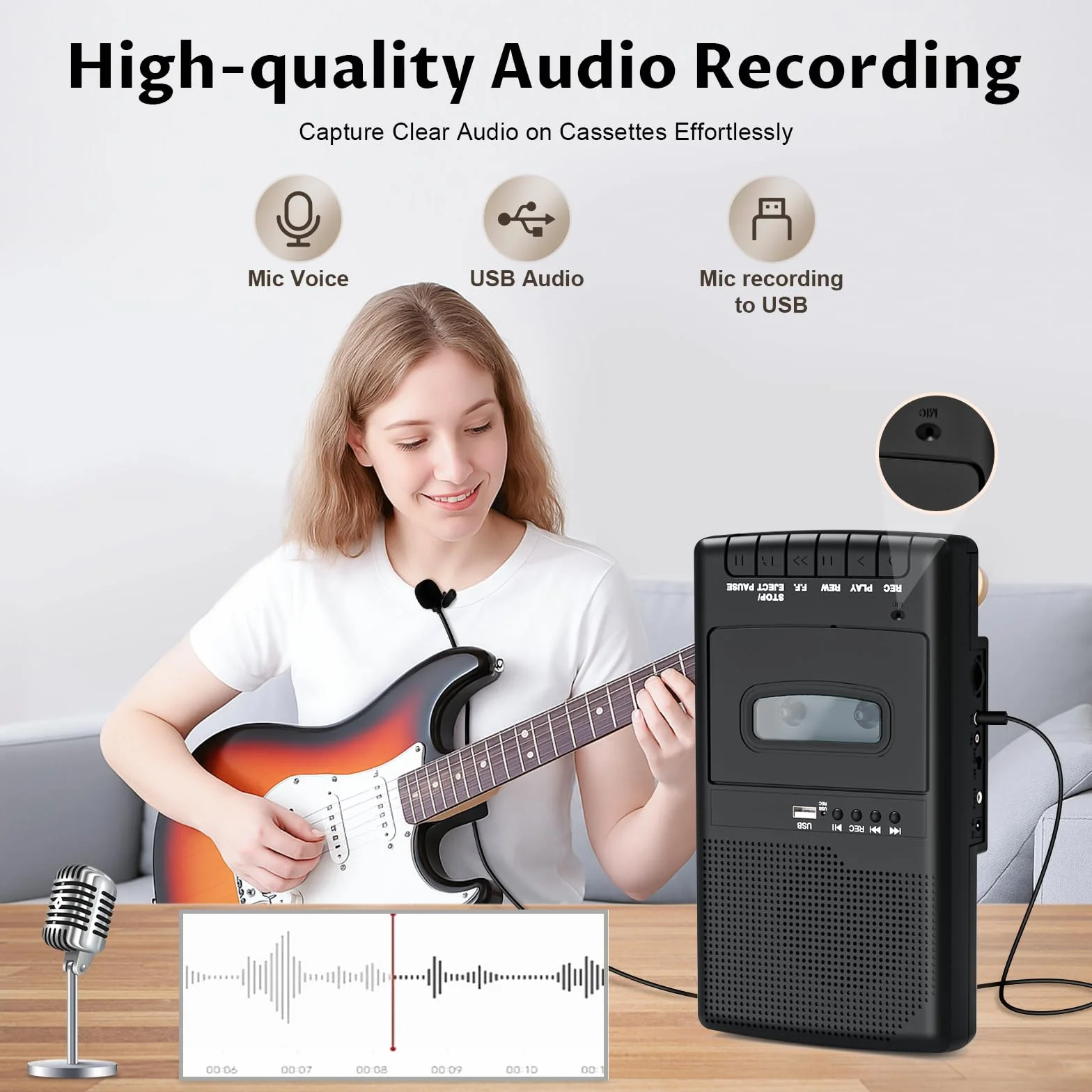 Reproductor de Casetes Shoebox Portátil con Conversión a USB Digital, Micrófono y Altavoz Integrado