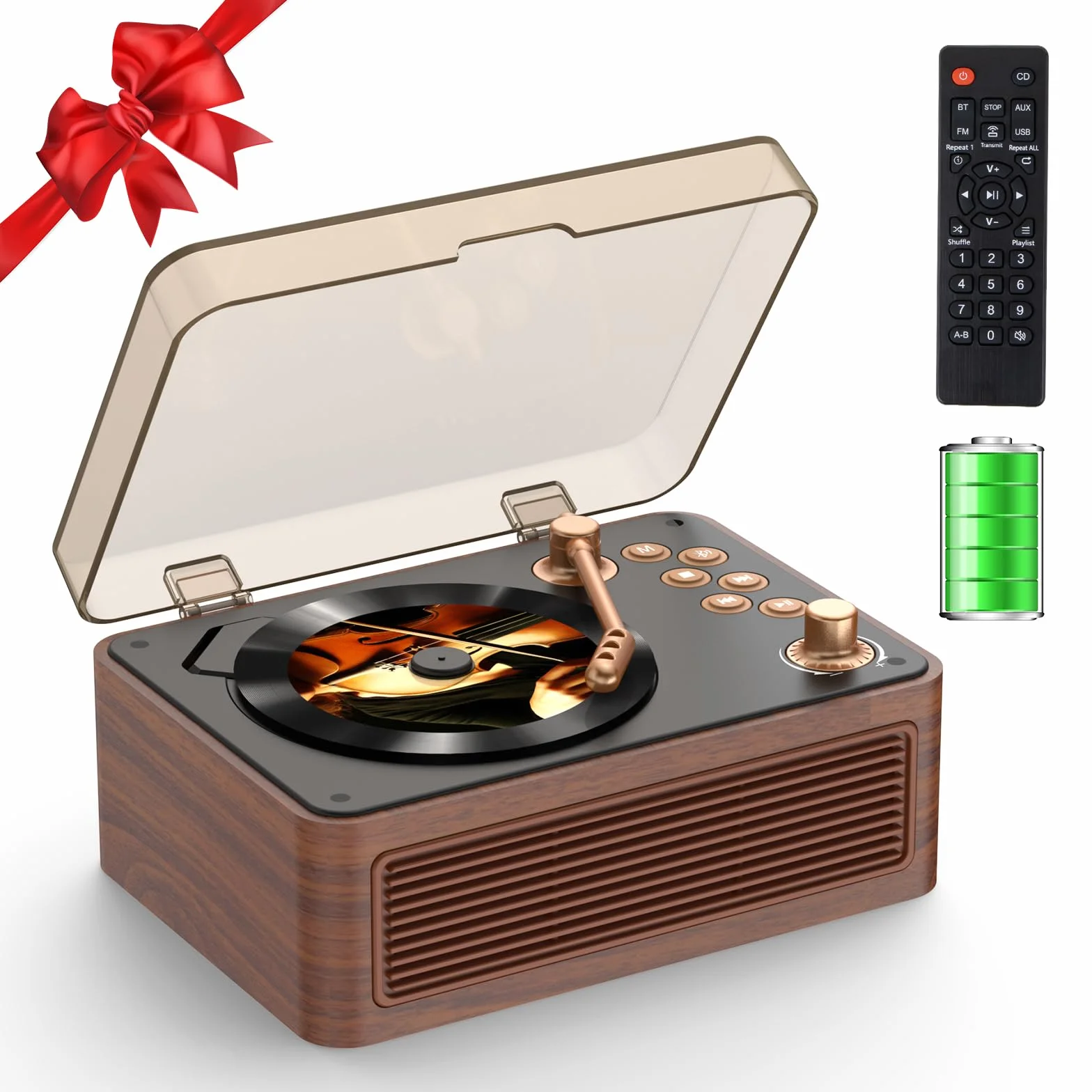 Kegaudio Reproductor CD Portatil Bluetooth con Radio y Mando a Distancia USB AUX Nogal