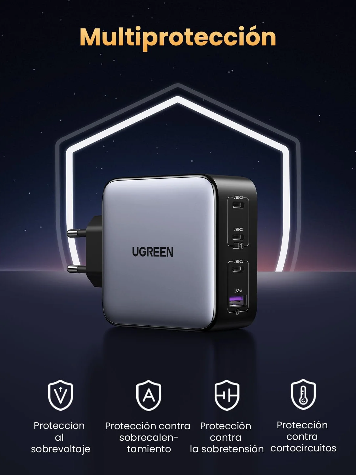 UGREEN Nexode 100W Cargador USB C Carga Rápida Multidispositivo con 4 Puertos Compatible con iPhone 17 Pro MAX Air 16 15 14 13 Galaxy S26 25 24 Pixel 10 Pro iPad MacBook M5 M4 Steam Deck