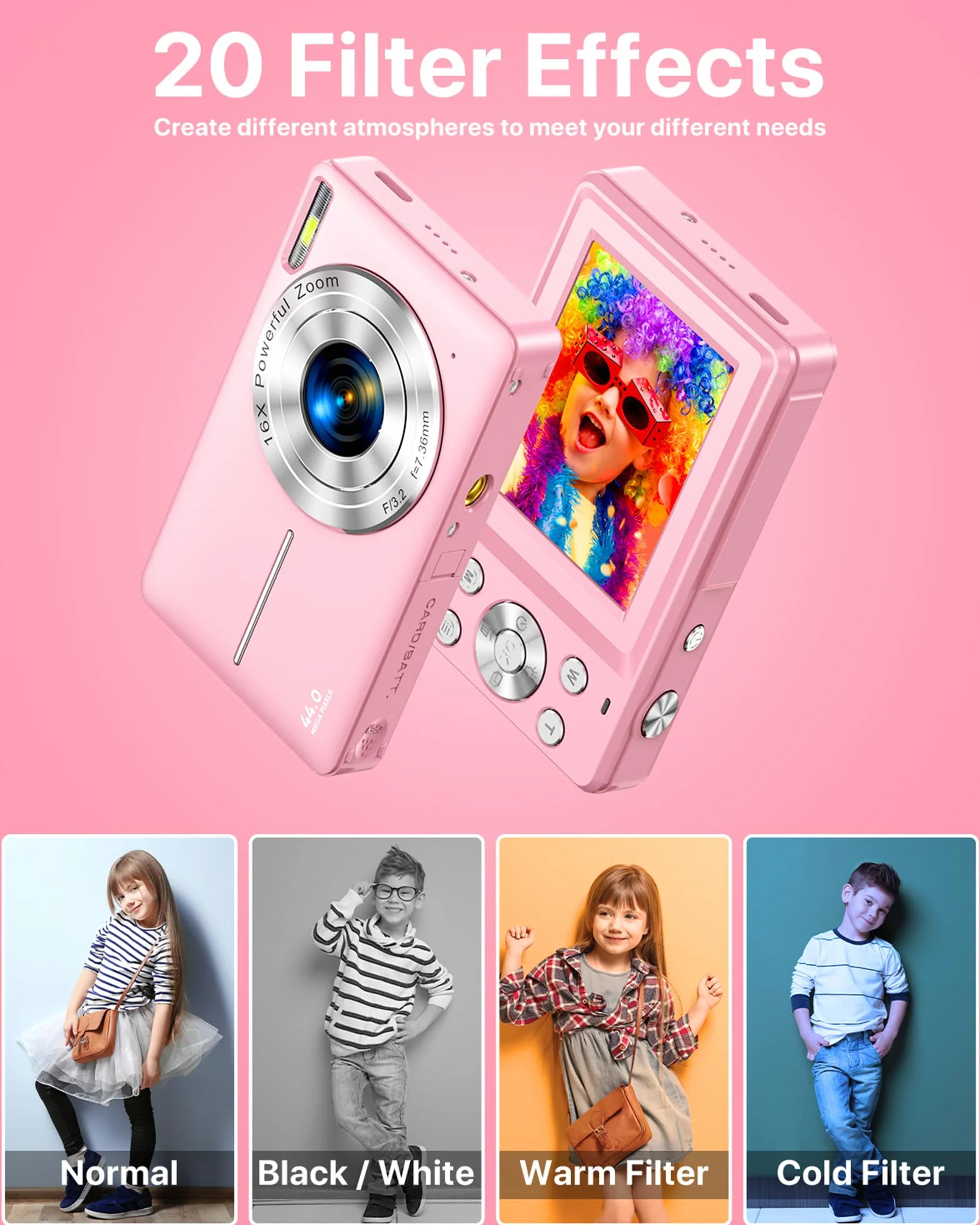 Cámara Digital 1080P Cámara de Fotos HD 44MP Cámara Digital Compacta con Pantalla LCD de 2,4 Pulgadas, Zoom Digital 16X, Tarjeta de Memoria Micro de 32G, 1 Batería para Niños, Adolescentes - Rose