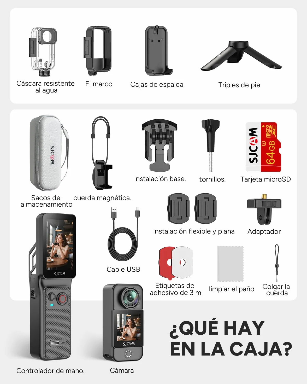 SJCAM C400 Cámara Acción 4K Paquete Vlog 64G 2.29" Pantalla Táctil 7 Horas Autonomía Impermeable Estabilización 6 Ejes Negro