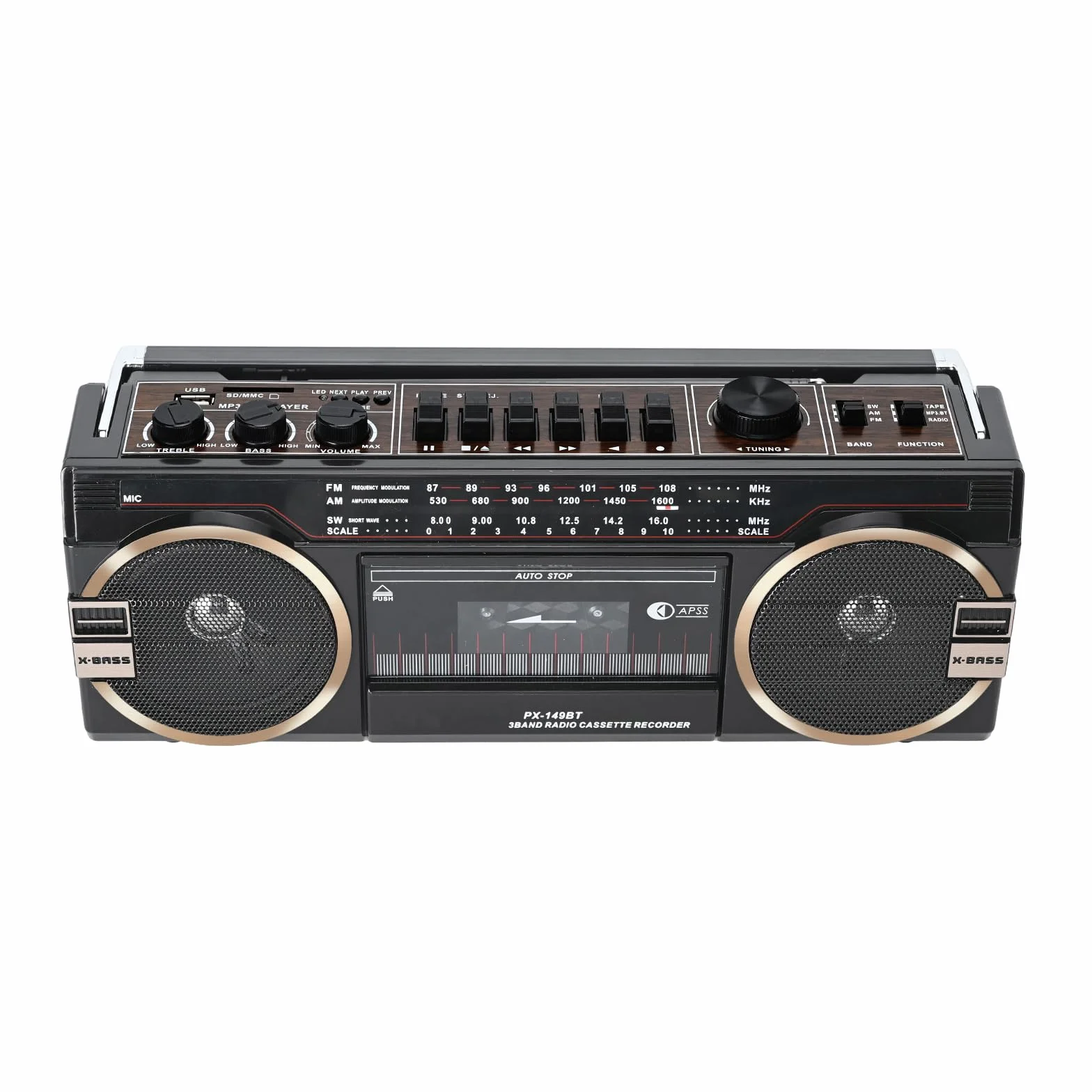 Lychee Grabadora de cinta portátil, radio AM/FM/SW vintage, altavoz integrado, CA/CC, conector auriculares 3.5 mm, compatible SD/USB negro