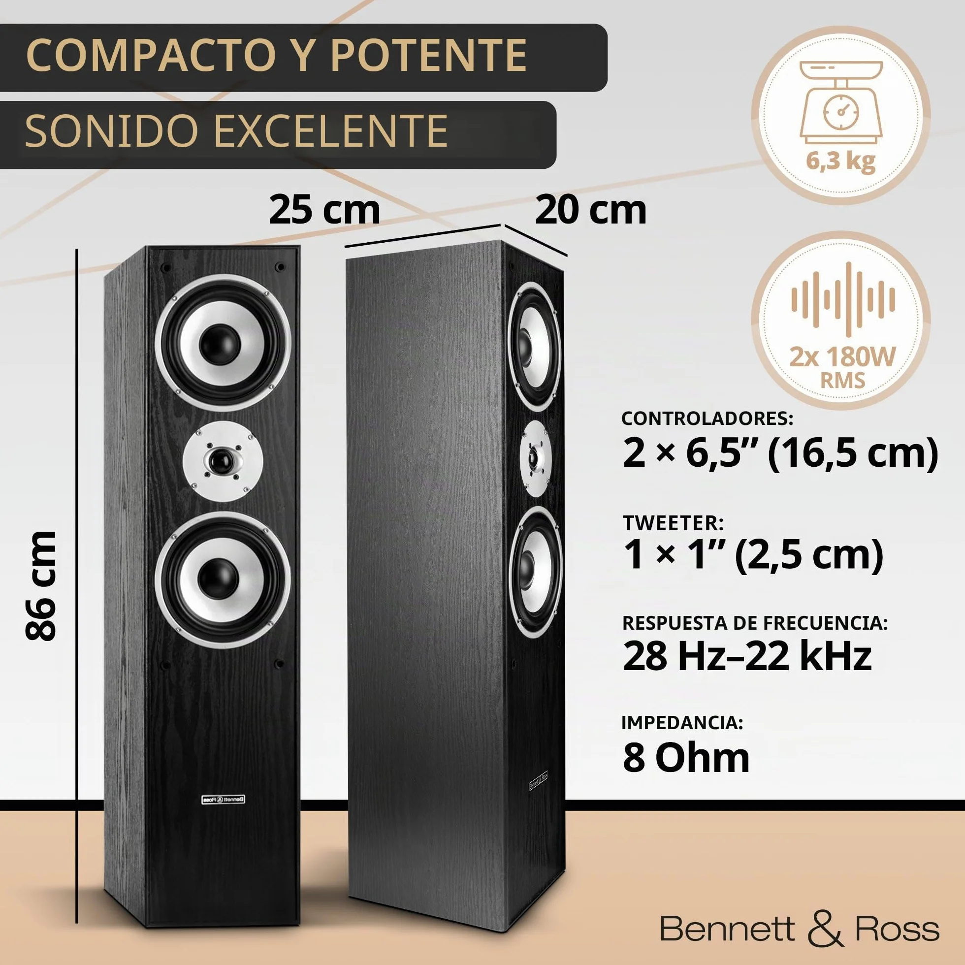 Bennett & Ross Radiant Altavoces de Suelo HiFi 3 vías Pareja 350W RMS Negro