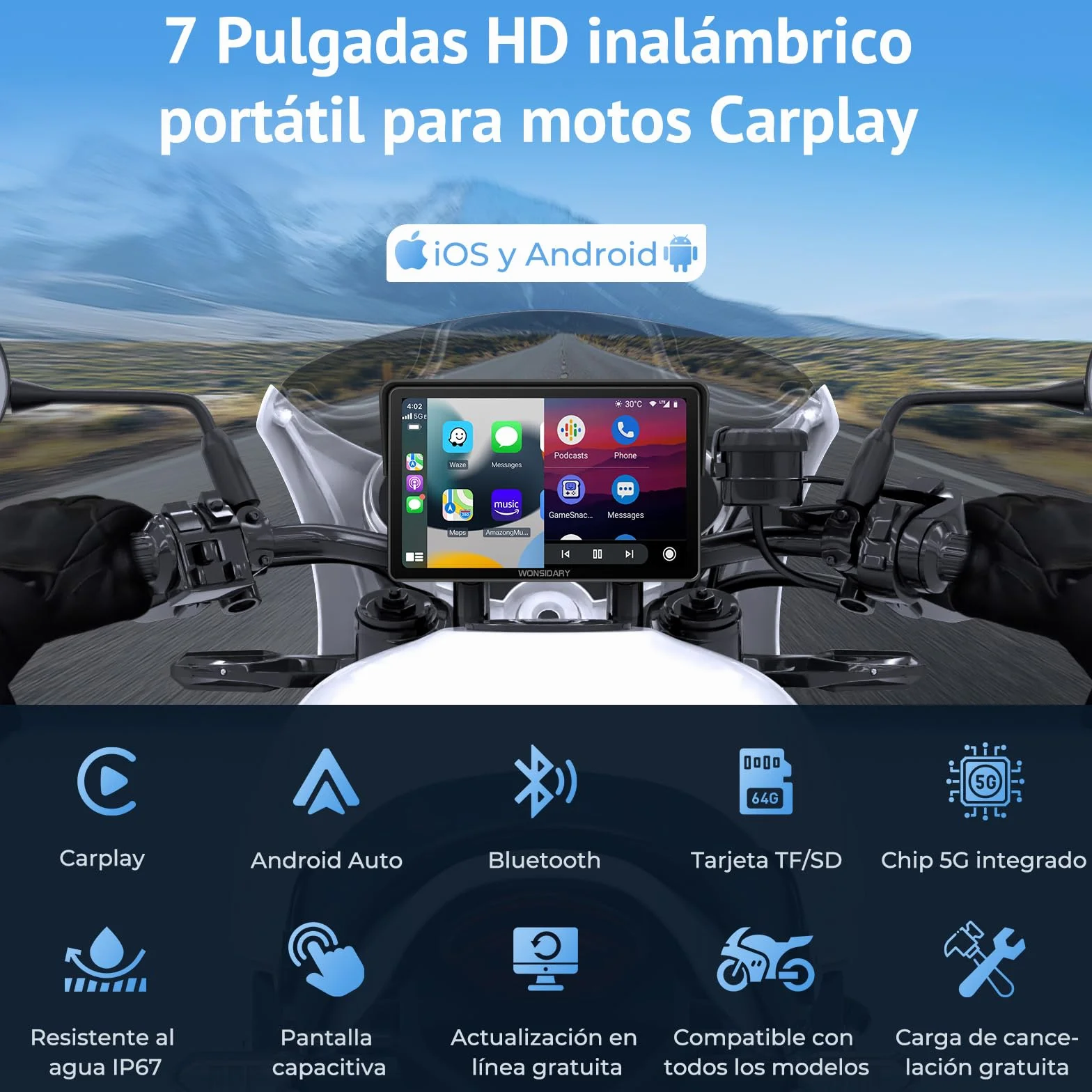 Carplay Moto 7 Pulgadas Pantalla TáCtil,InaláMbricos Carplay y Android Auto, Navegador GPS Moto Conectar y Usar con IP67 Impermeable, Sensor De Luz,Bluetooth Trans, Siri/Google Assistant,EQ