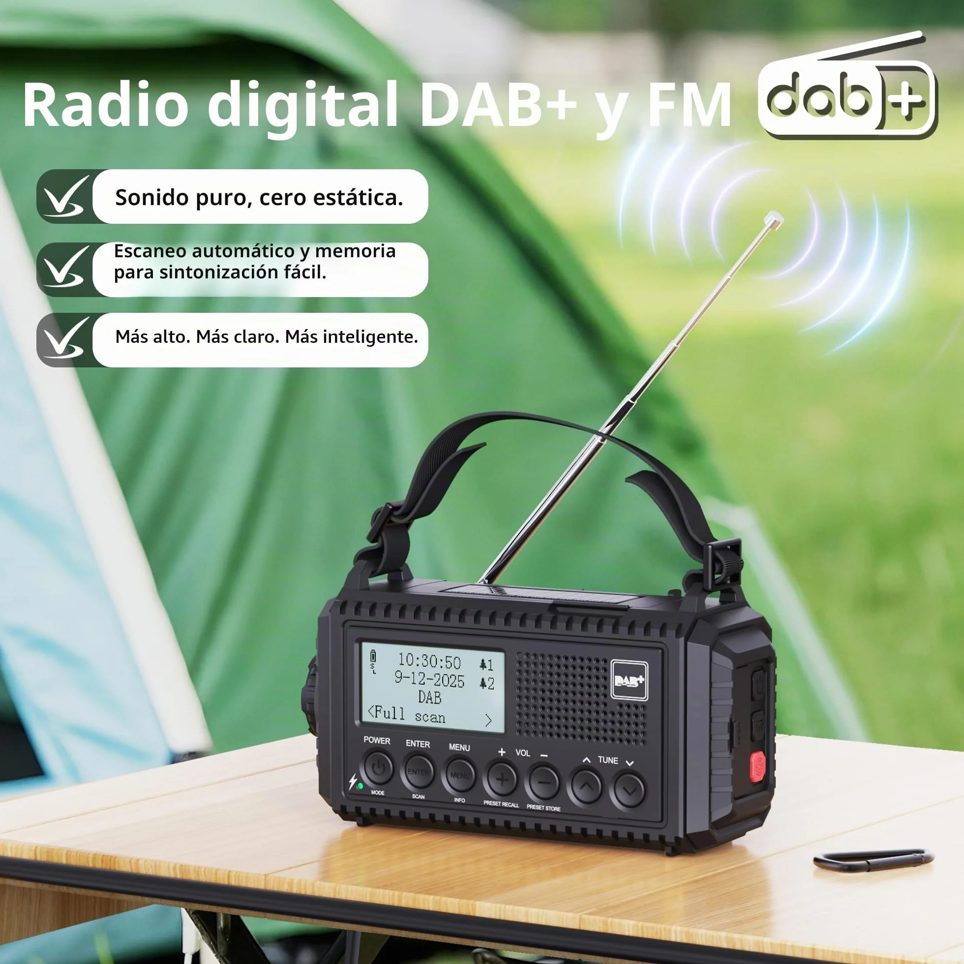 Radio Solar Portátil Dab+/Dab/FM con Manivela,Radio con Linterna LED Multifunción con Reloj Despertador Digital,Batería de 5000 mAh y Alarma SOS,Camping,Senderismo,Exterior