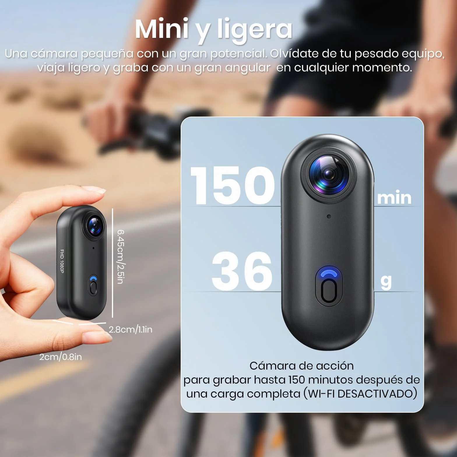 Cámara de Acción 360° Mini Corporal POV Subacuática 30m WiFi Gran Angular 120° +10 Accesorios 64GB