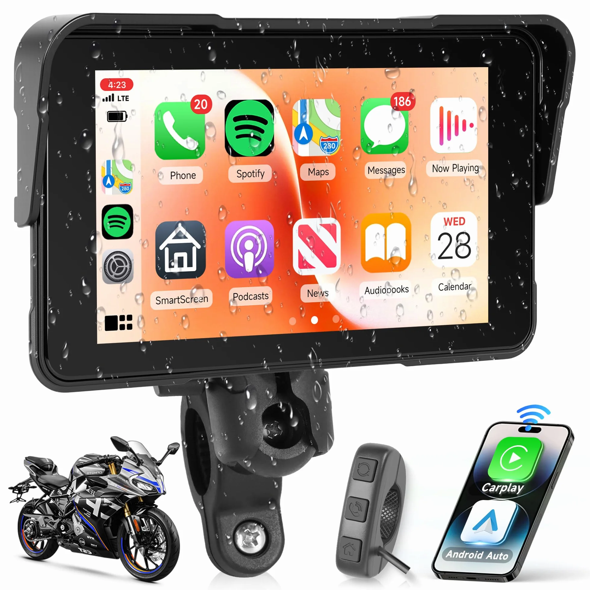 Rimoody 5 Pulgadas Carplay Pantalla para Moto con Control en el Manillar Soporte Desmontable, Pantalla CarPlay & Android Auto Inalámbrica para Motos, Radio Car Play Wireless Bluetooth Impermeable IP68