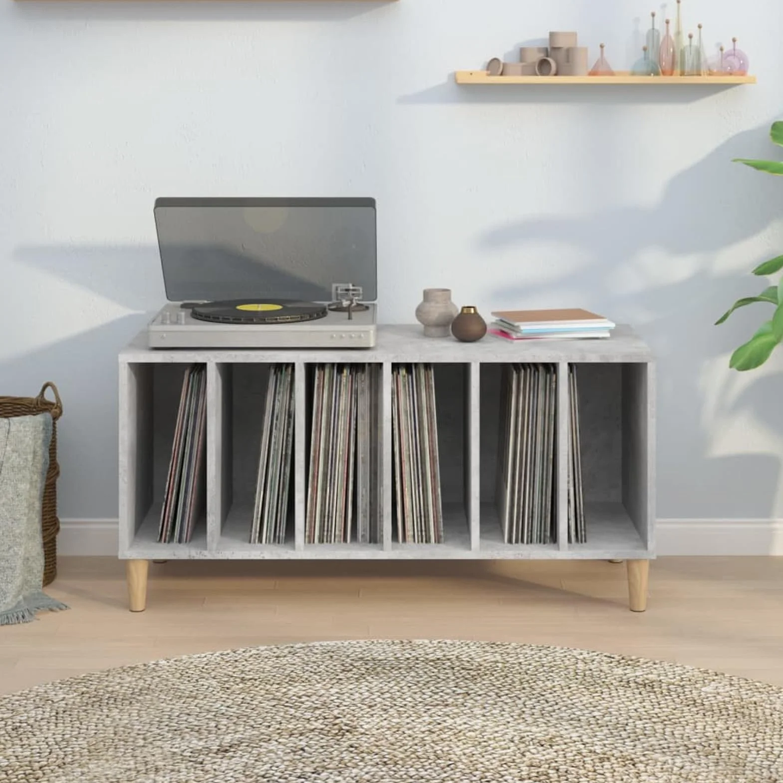IKAYAA Mueble de Discos de Madera 100x38x48 cm, Tocadiscos de Vinilo Stand, Estanteria CD, Mueble para Discos y Vinilos, Gris Hormigón