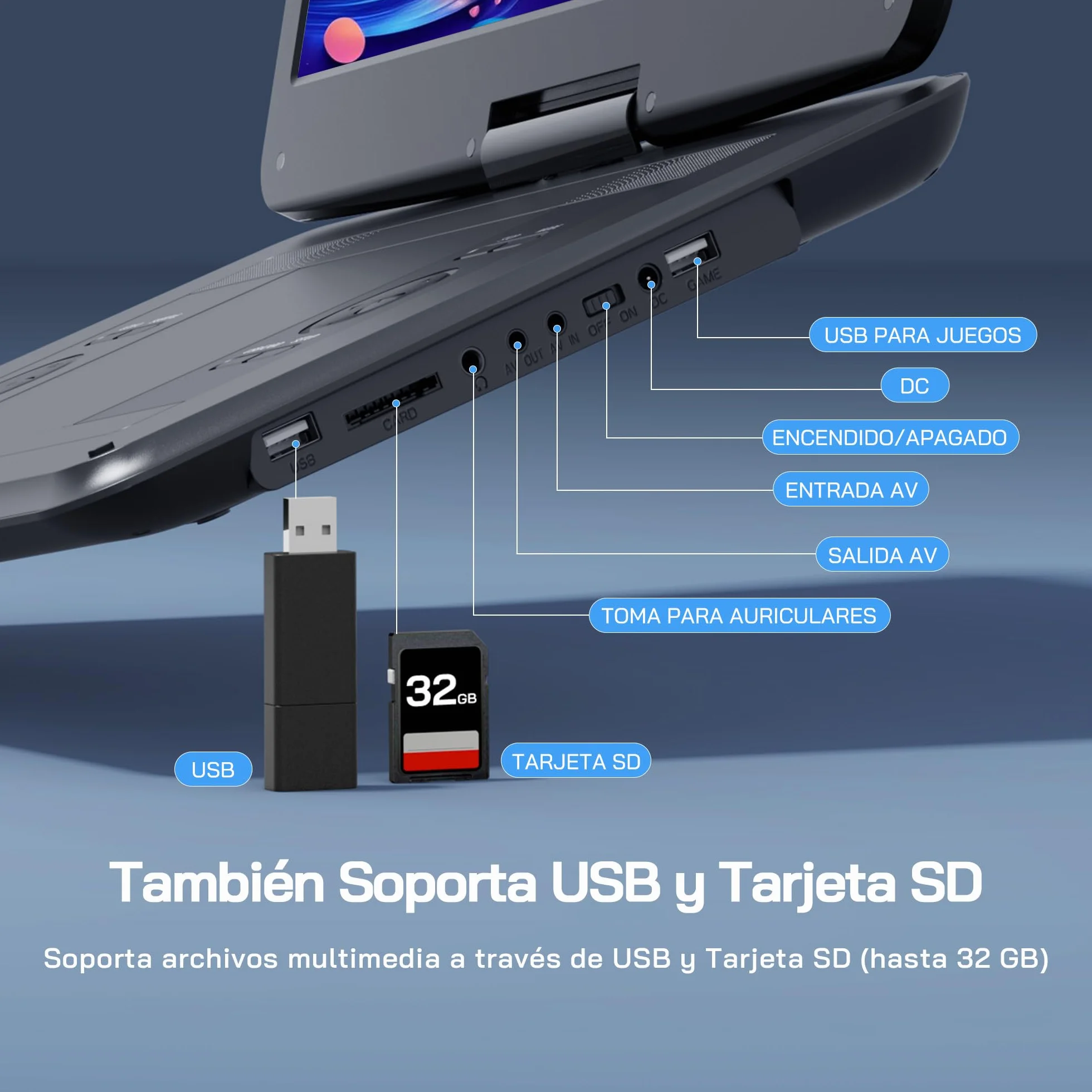 WOLFANG 17,5" Reproductor de DVD Portátil con 15,6" Pantalla HD, 5000mAh Batería, Sin Restricción de Región, Altavoces Estéreo Duales, Compatible con USB/SD/Sincronización de TV/Pantalla de Proyector