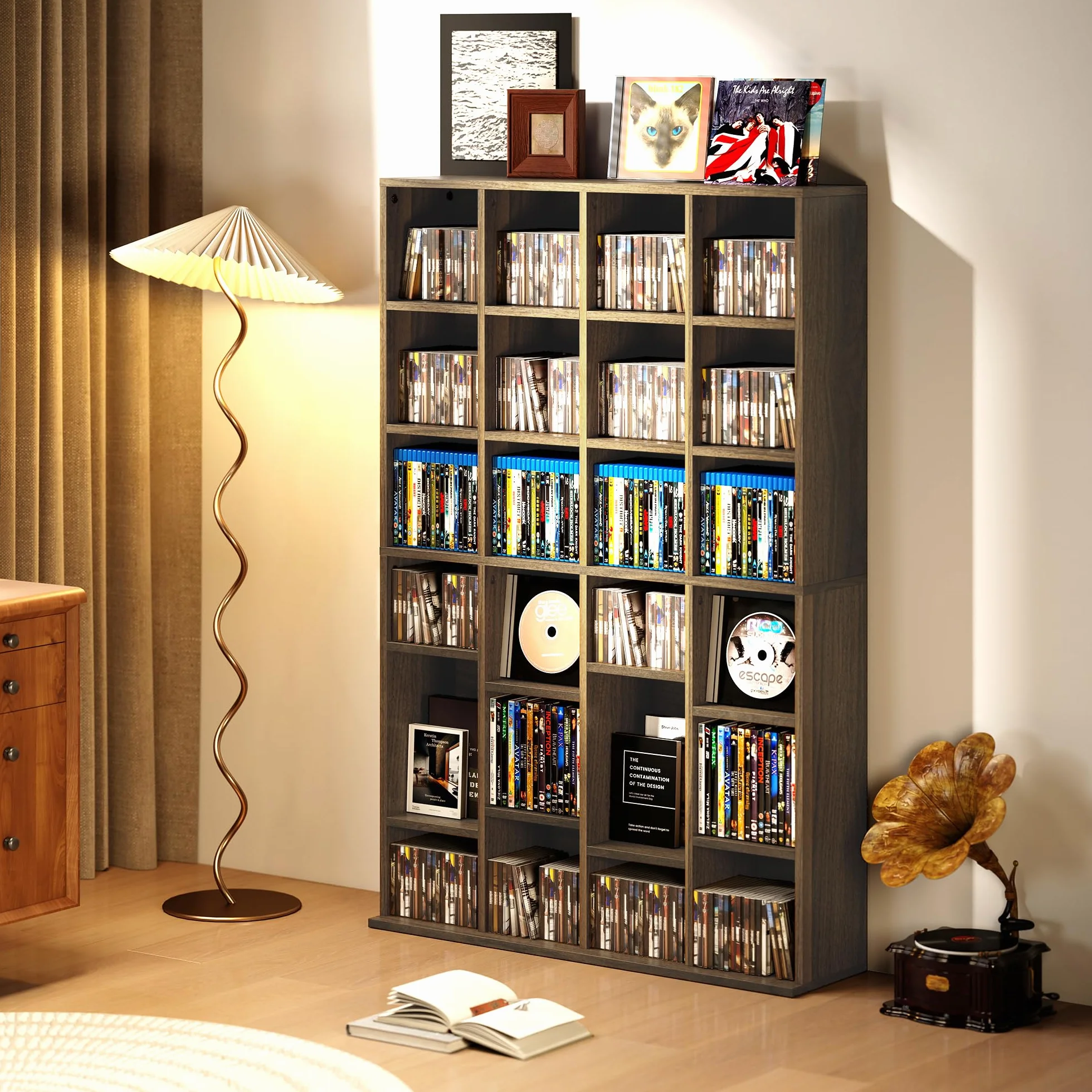 HOMCOM Almacén para CD y DVD, Estante de Almacenamiento, Capacidad máx. 456 CD/336 DVD, 24 Compartimentos y estantes Ajustables, para Oficina, salón, Dormitorio, 89 x 20 x 130,5 cm, marrón