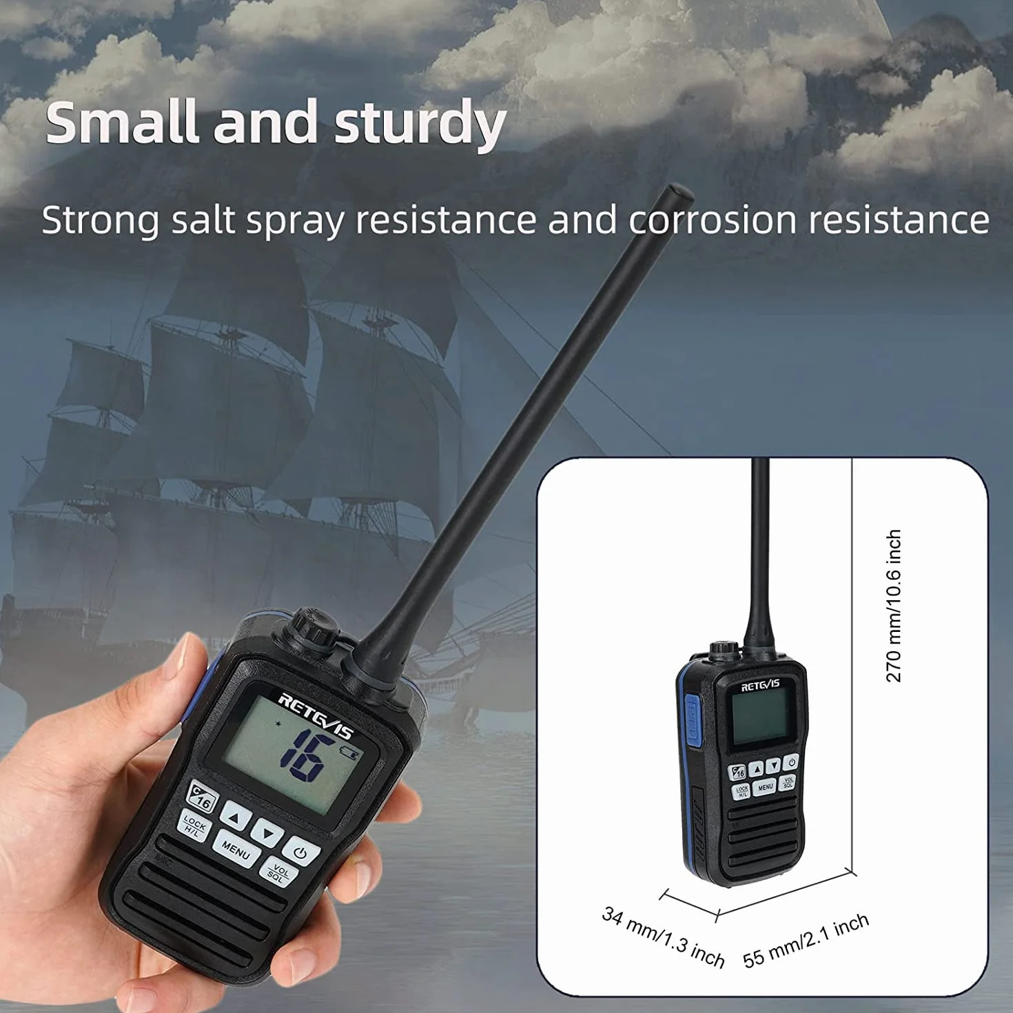 Retevis RM01 Marina Walkie Talkie, IP67 Impermeable Radio Marino de Mano, Vibración, Flotando 88 Canales de Mano Radios de Dos Vías para Kayak Pesca Paseo en Barco(Negro, 1 Pieza)