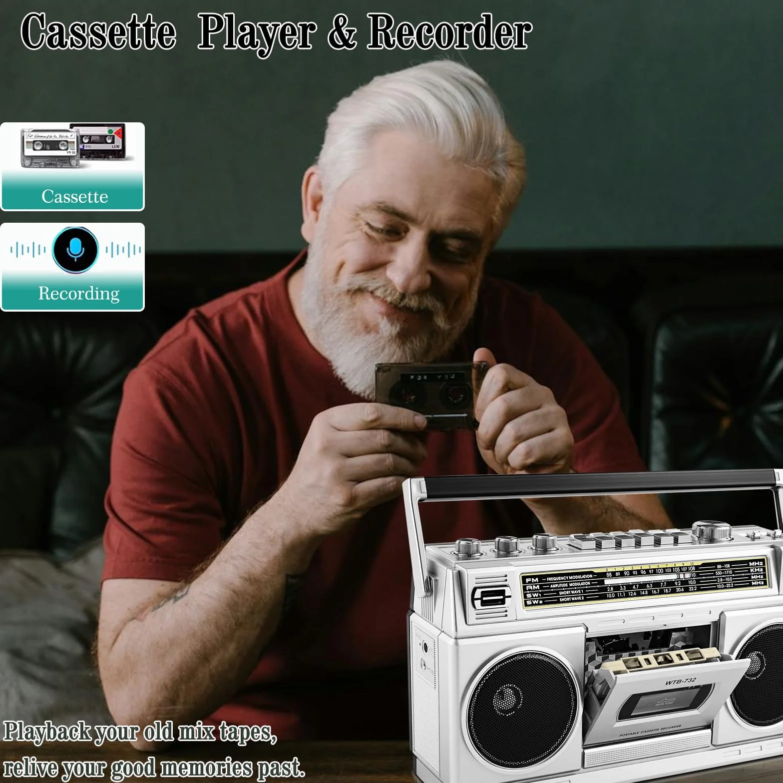 Boombox Retro de los 80 con Bluetooth y Reproductor de Casete | Radio Am/FM/OL, Sonido de Graves Potente 24W, Reproducción USB & Micro SD - Toma de Auriculares y Portátil para Interior/Exterior