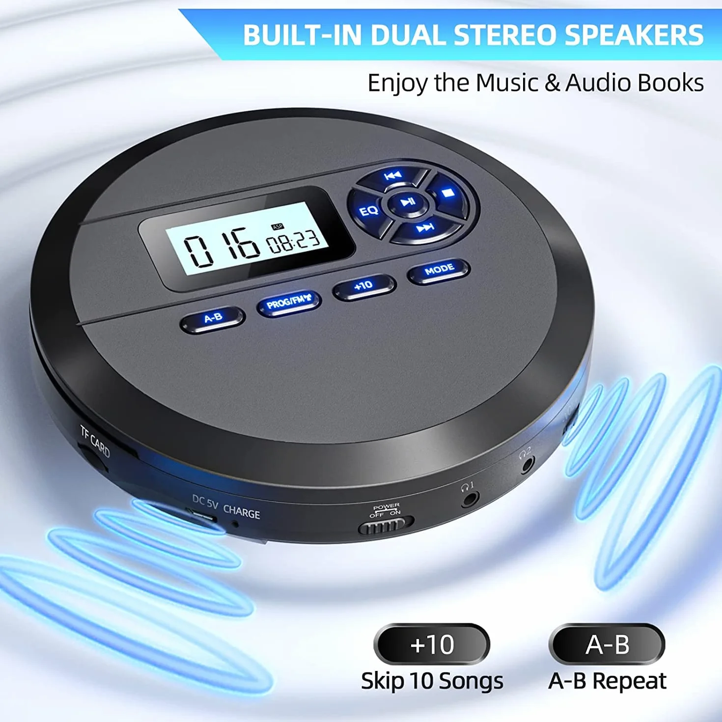 DESOBRY Reproductor CD Portátil con Altavoces FM, 2000 mAh, Pantalla LCD