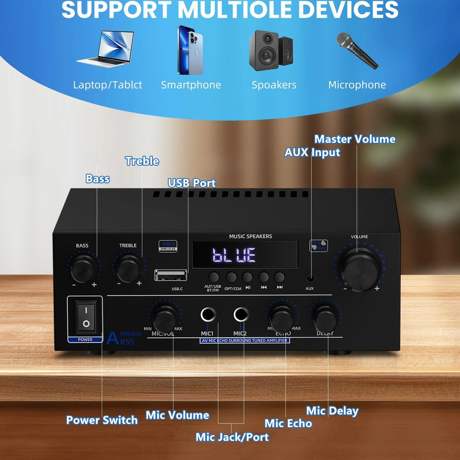 2 Canales Amplificador, 1000W Audio Estéreo, Bluetooth 5.3 Mini Hi-Fi Amp, para Dos 50W x2 Altavoces de Unas 8 Pulgadas, Bass/Treble/AUX/FM/MIC/USB, para TV, para el hogar o tu Coche (AK55)