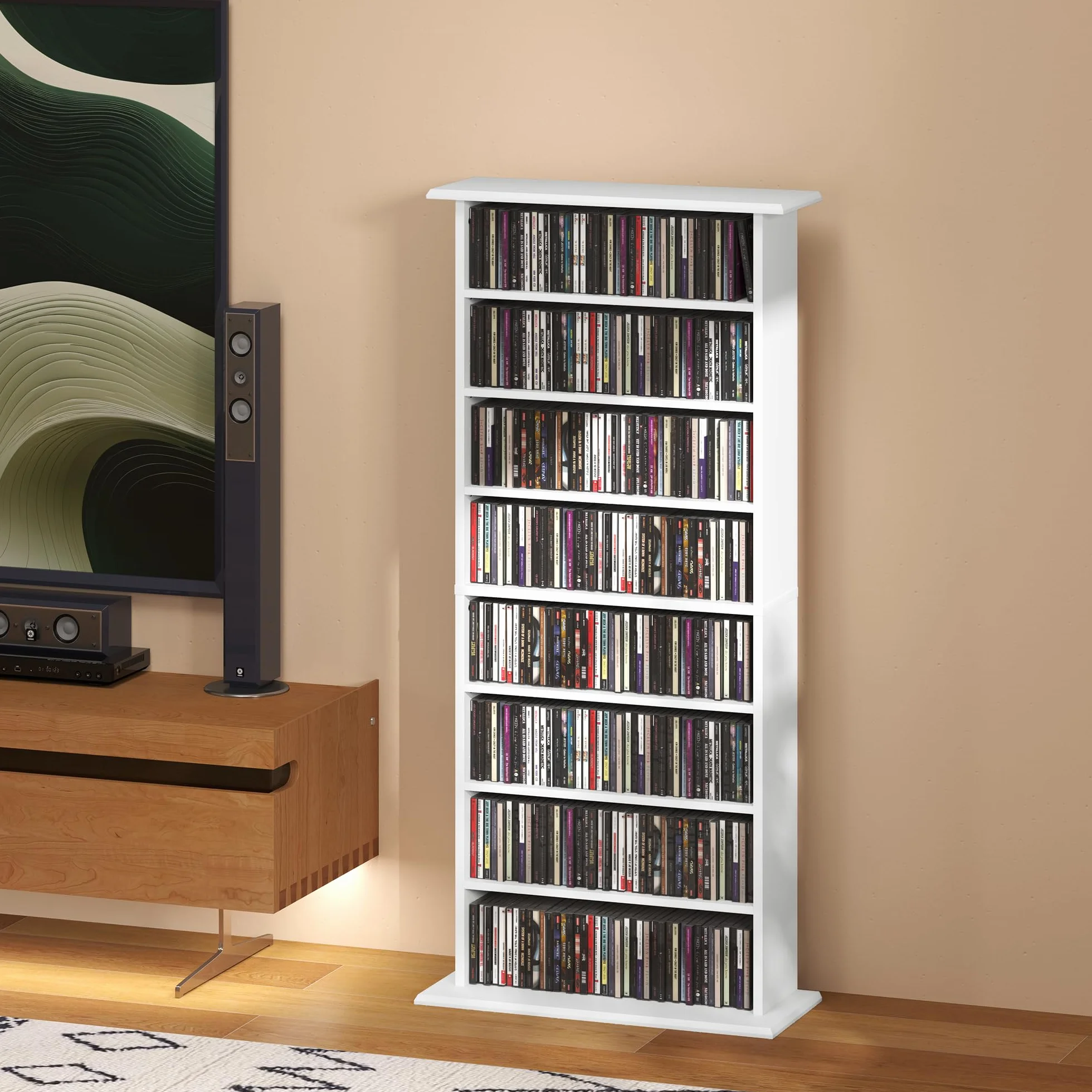 HOMCOM Estantería para CDs y DVDs Soportes para CD Estrechos con 8 Compartimentos Estantes Ajustables para Salón Oficina 58x24x126,3 cm Blanco