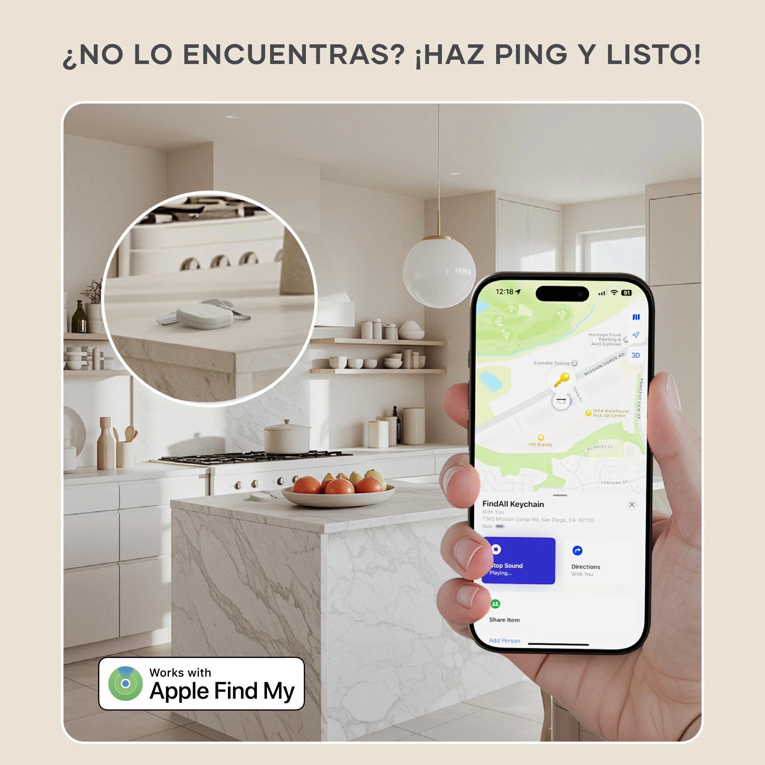 SATECHI FindAll Buscador de Llaves con Apple Find My, Carga Inalámbrica, Alerta de Olvido con Sonido Potente, Llavero GPS Localizador de Llaves para iPhone, iPad, Mac y más – Beige