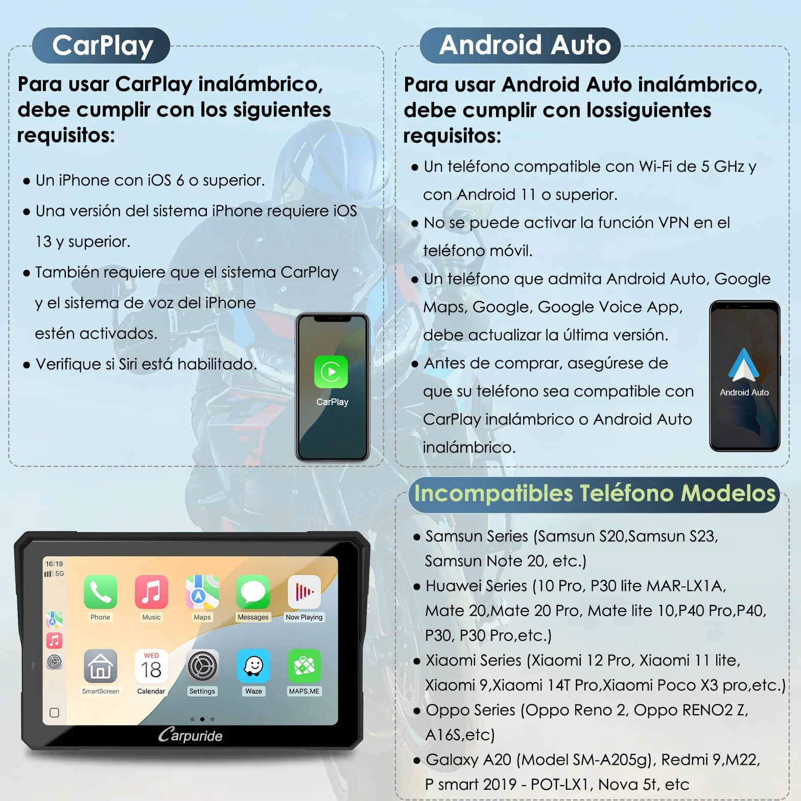 Carpuride W702T Pro Motocicleta Carplay Pantalla con TPMS Sistema, Inalámbrico CarPlay y Android Auto, 7" Impermeable Táctilpantalla, Dual Bluetooth, Intercomunicador Función, Nav, Brújula, Barómetro.