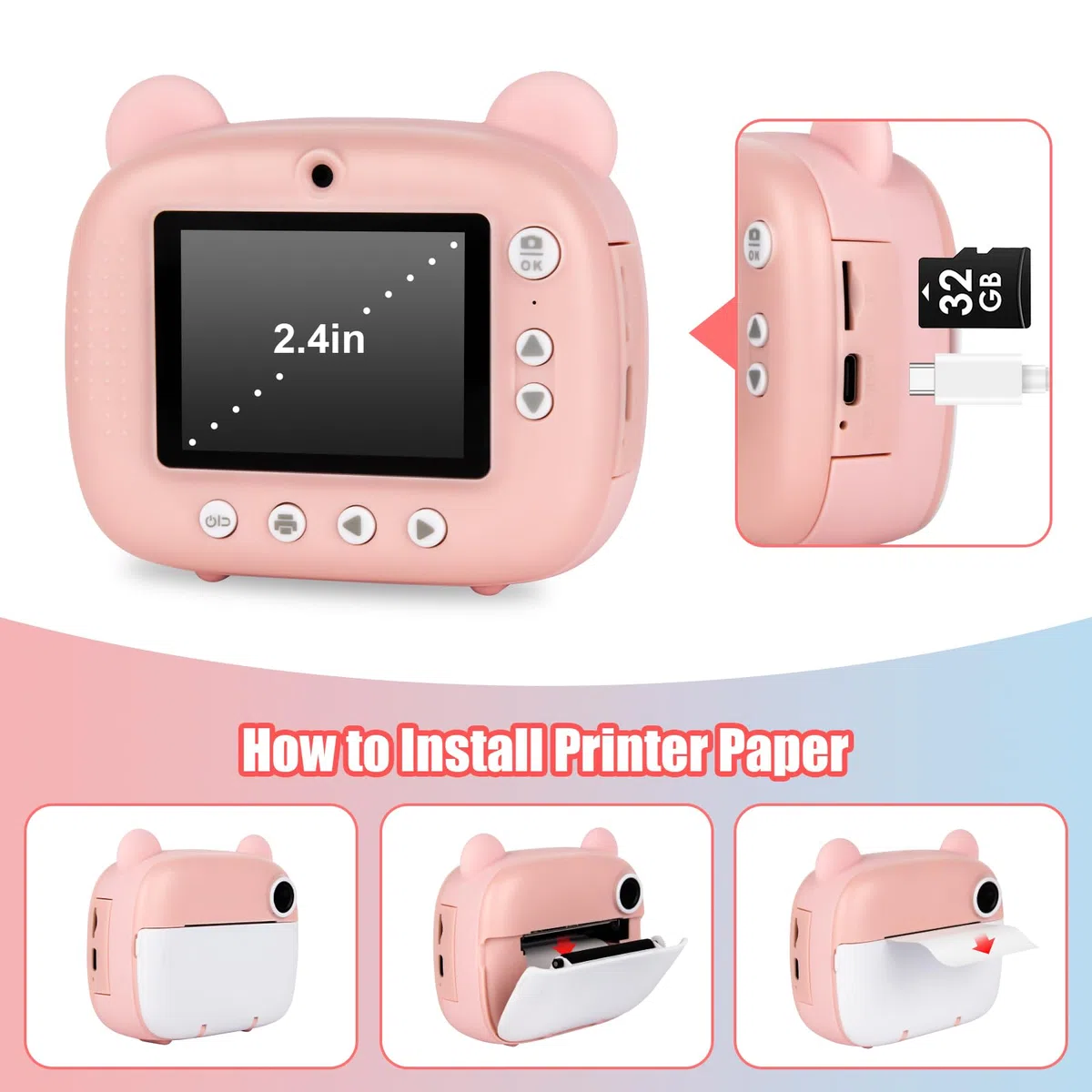 Cámara de fotos infantil, 1080p, cámara instantánea infantil, con tarjeta de 32 GB, papel fotográfico, 3 – 12 años, Navidad, cumpleaños, regalo para niñas y niños (rosa)
