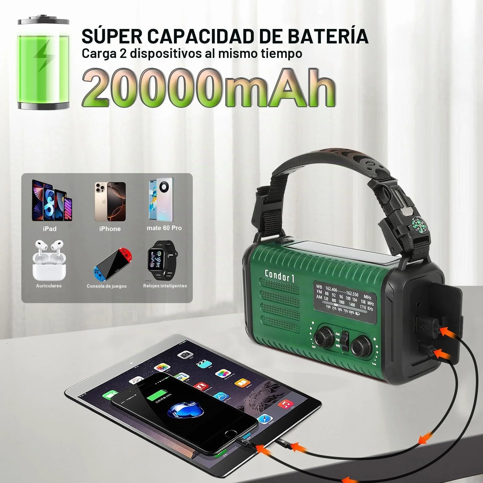 Radio de Emergencia 20000 mAh Solar de Manivela AM/FM con Cargador Teléfono SOS Linterna