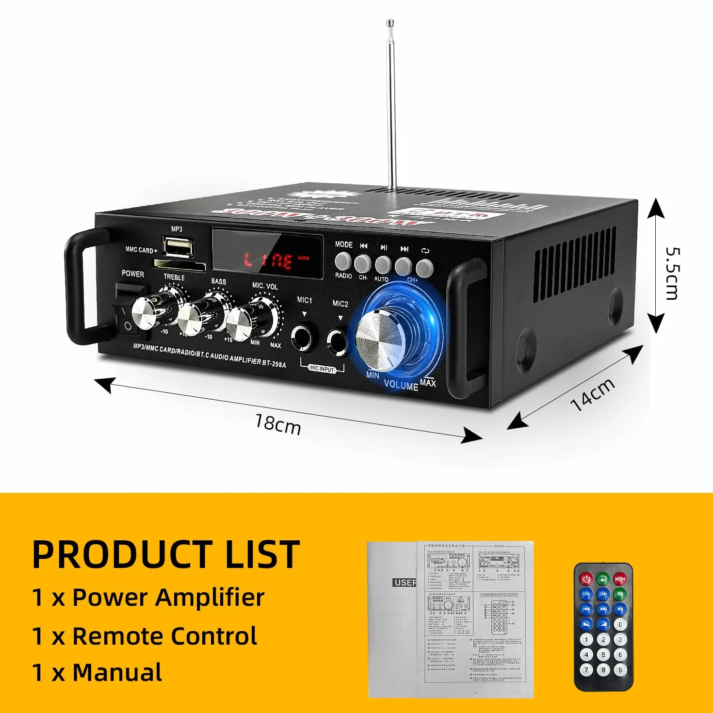 Mini Bluetooth Amplificador Audio, 600W HiFi de 2.0 Canales Audio Stereo Music Reproductor, SD Card/USB Input/FM Radio, para PC, TV, Amplificador Coche, casa Altavoz, subwoofer BT 12v 220V (600W)